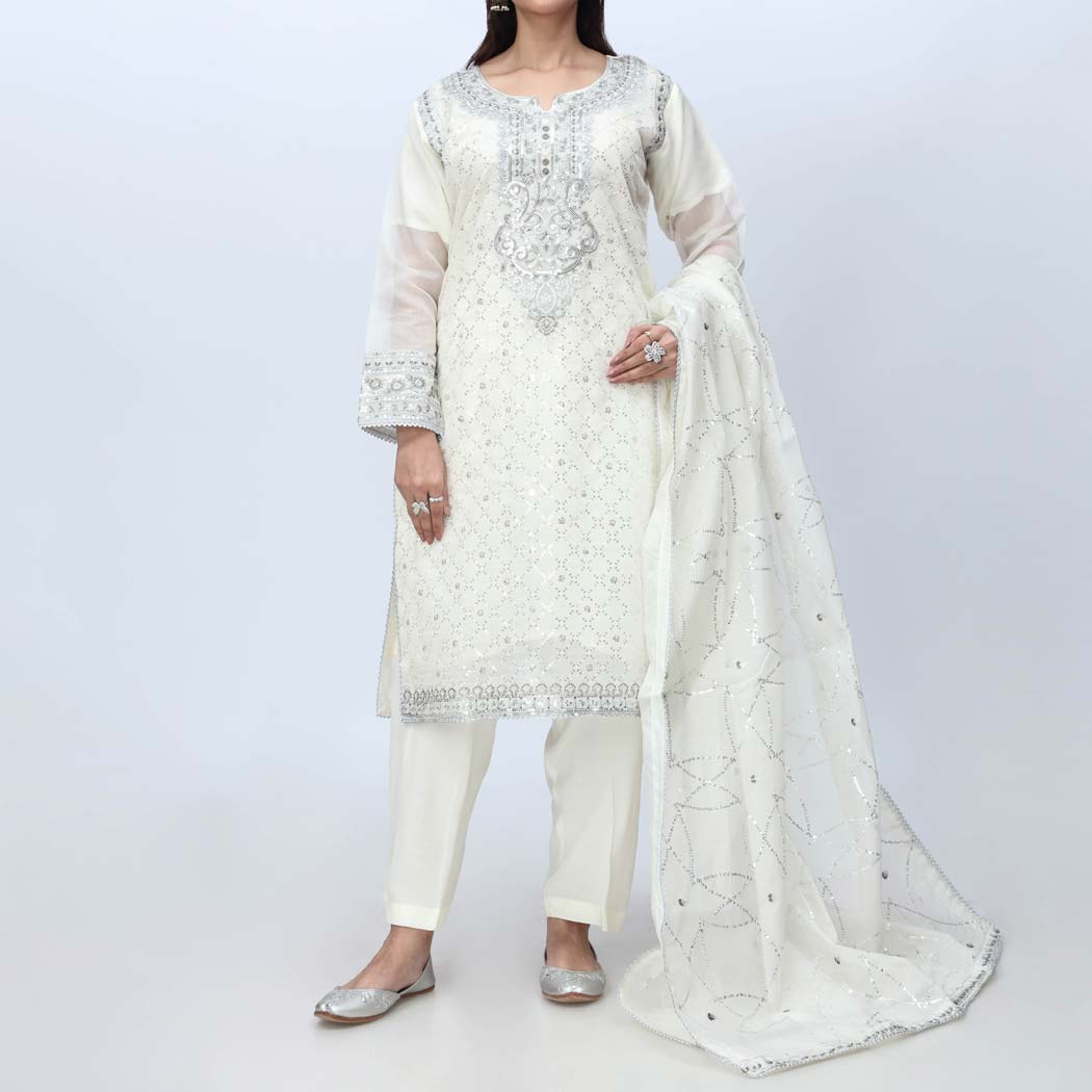 White 3PC- Embellished Organza Net Suit PF3053