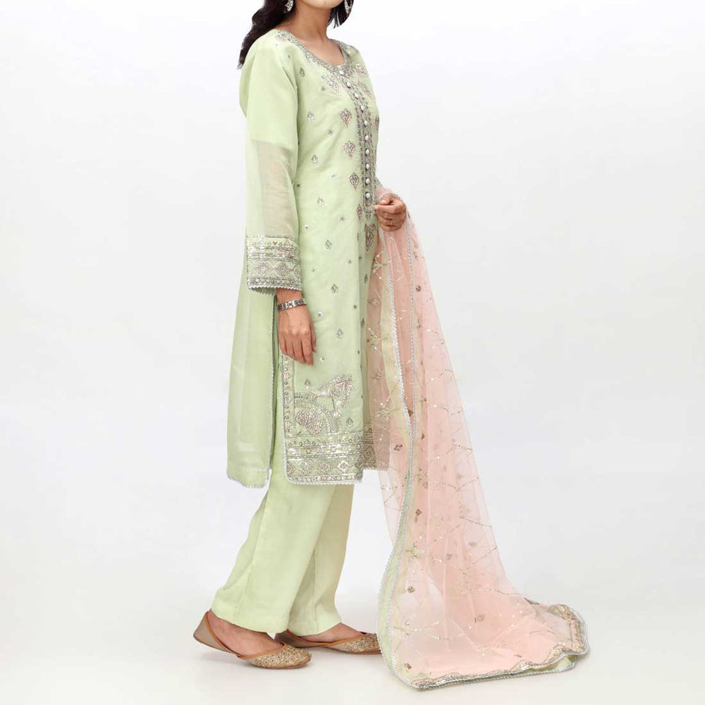 Green 3PC- Embellished Cotton Net Suit PF3058