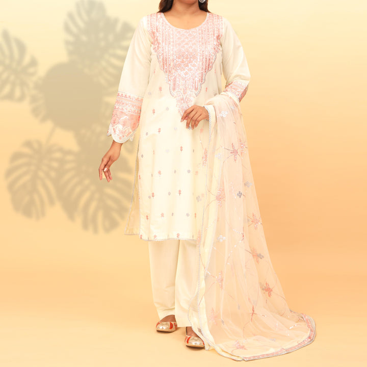 3PC- Embellished Khaddi Net Suit PF4015