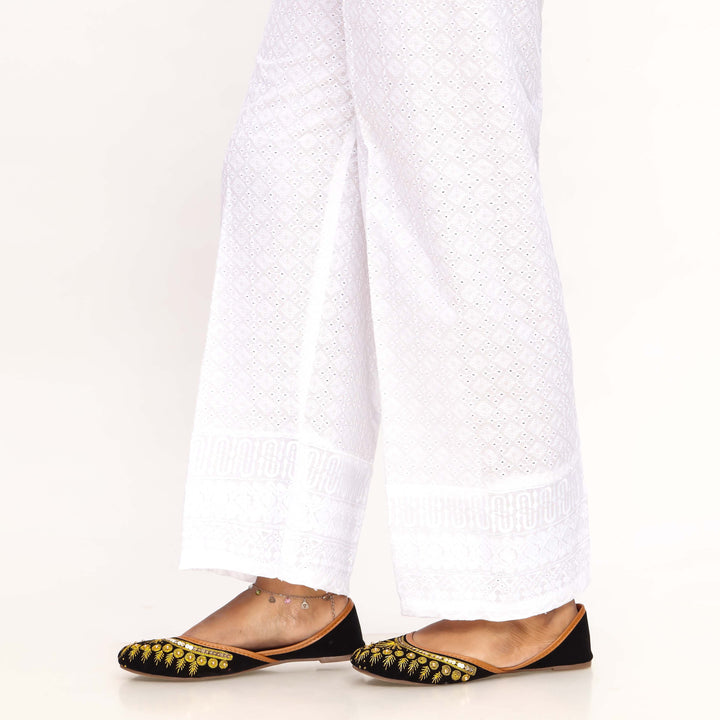 White Striaght Fit Chikan Embellsihed Trouser PL4052