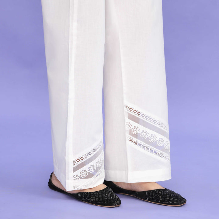 White Striaght Fit Embellished Cambric Trouser PL4085