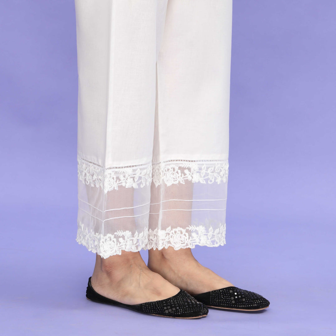 White Striaght Fit Embellished Cambric Trouser PL4087