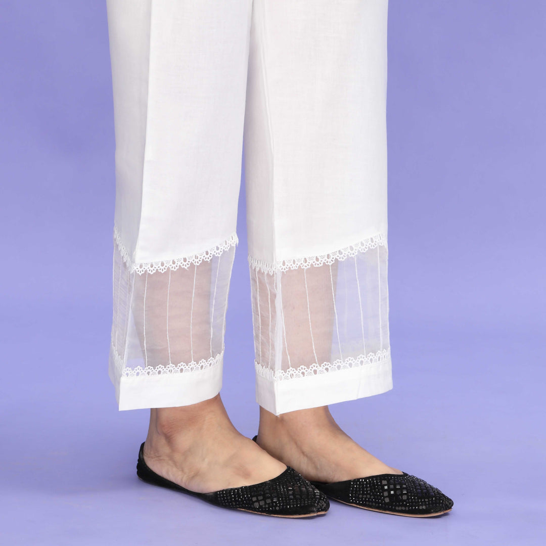 White Striaght Fit Embellished Cambric Trouser PL4089