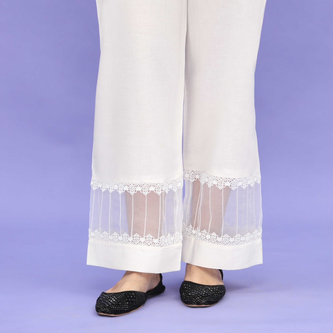 White Striaght Fit Embellished Cambric Trouser PL4093