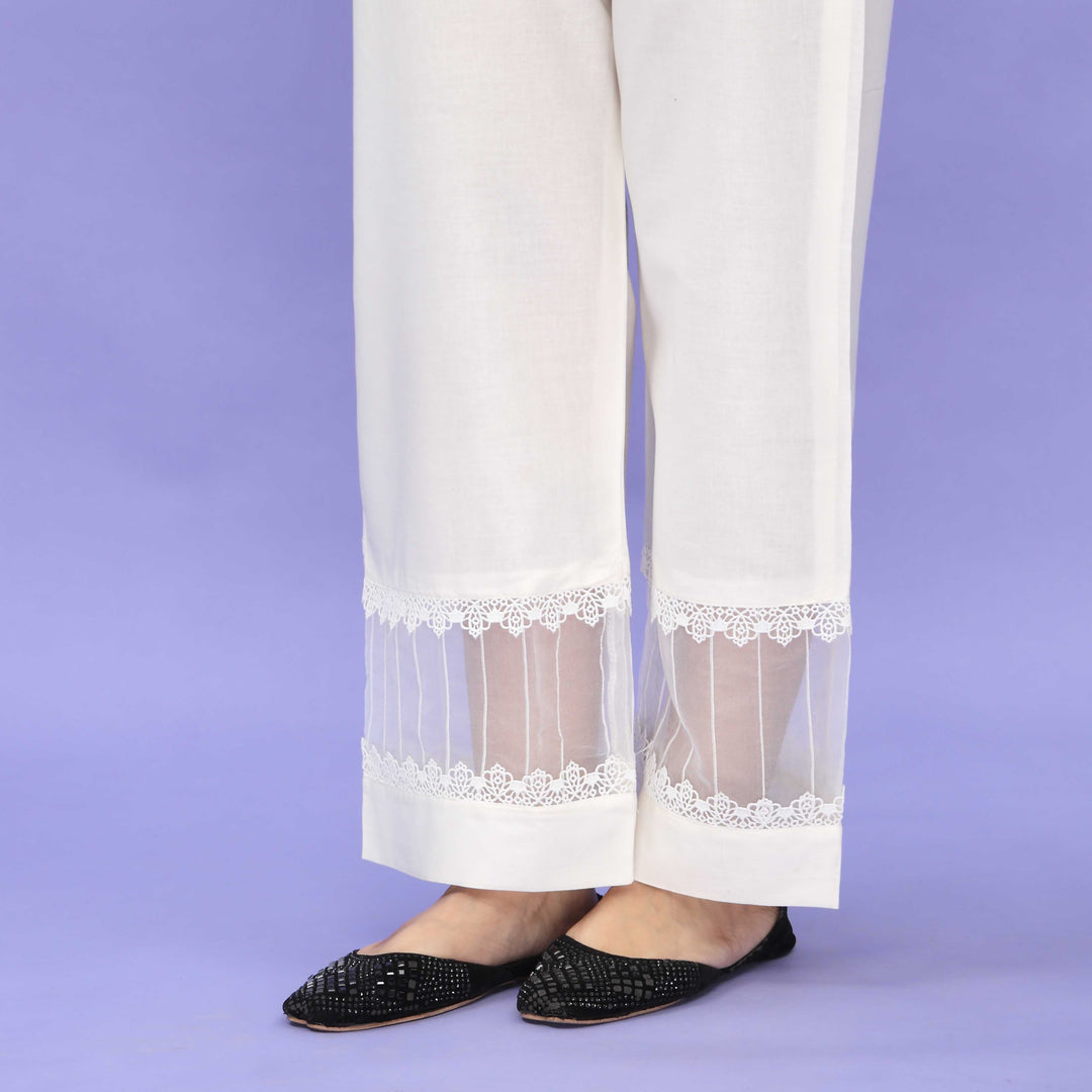 White Striaght Fit Embellished Cambric Trouser PL4093