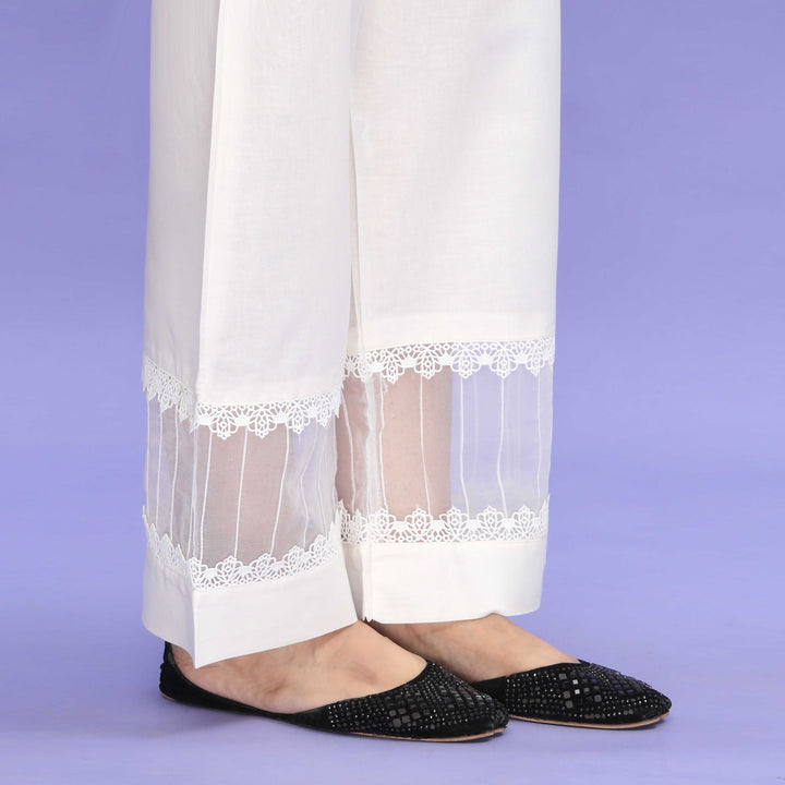 White Striaght Fit Embellished Cambric Trouser PL4093