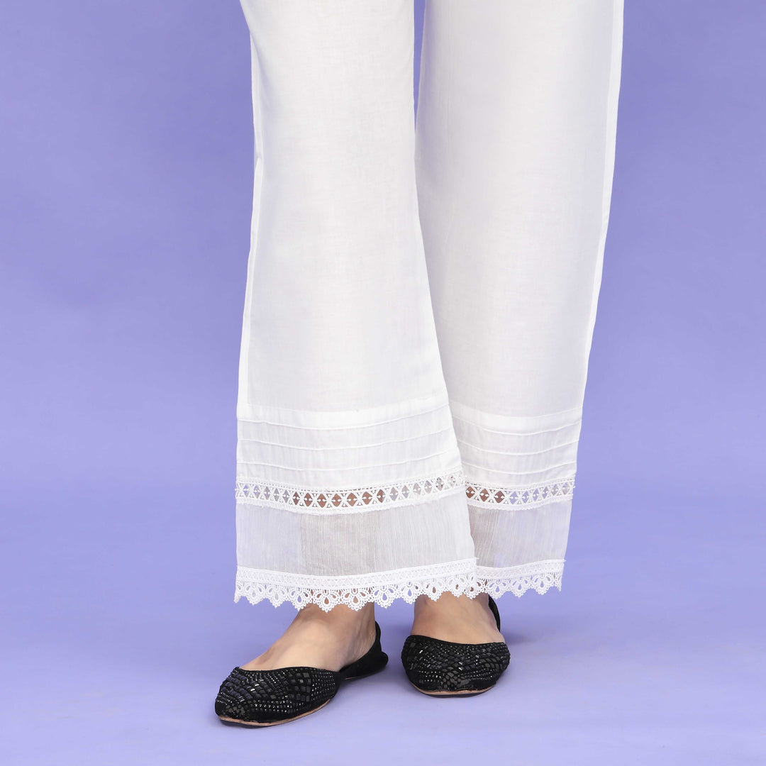 White Striaght Fit Embellished Cambric Trouser PL4097