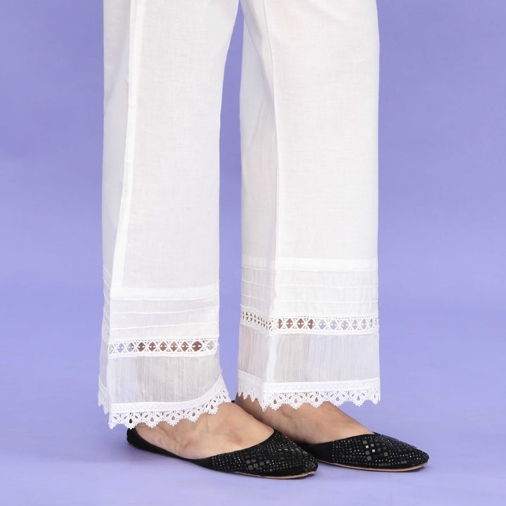 White Striaght Fit Embellished Cambric Trouser PL4097