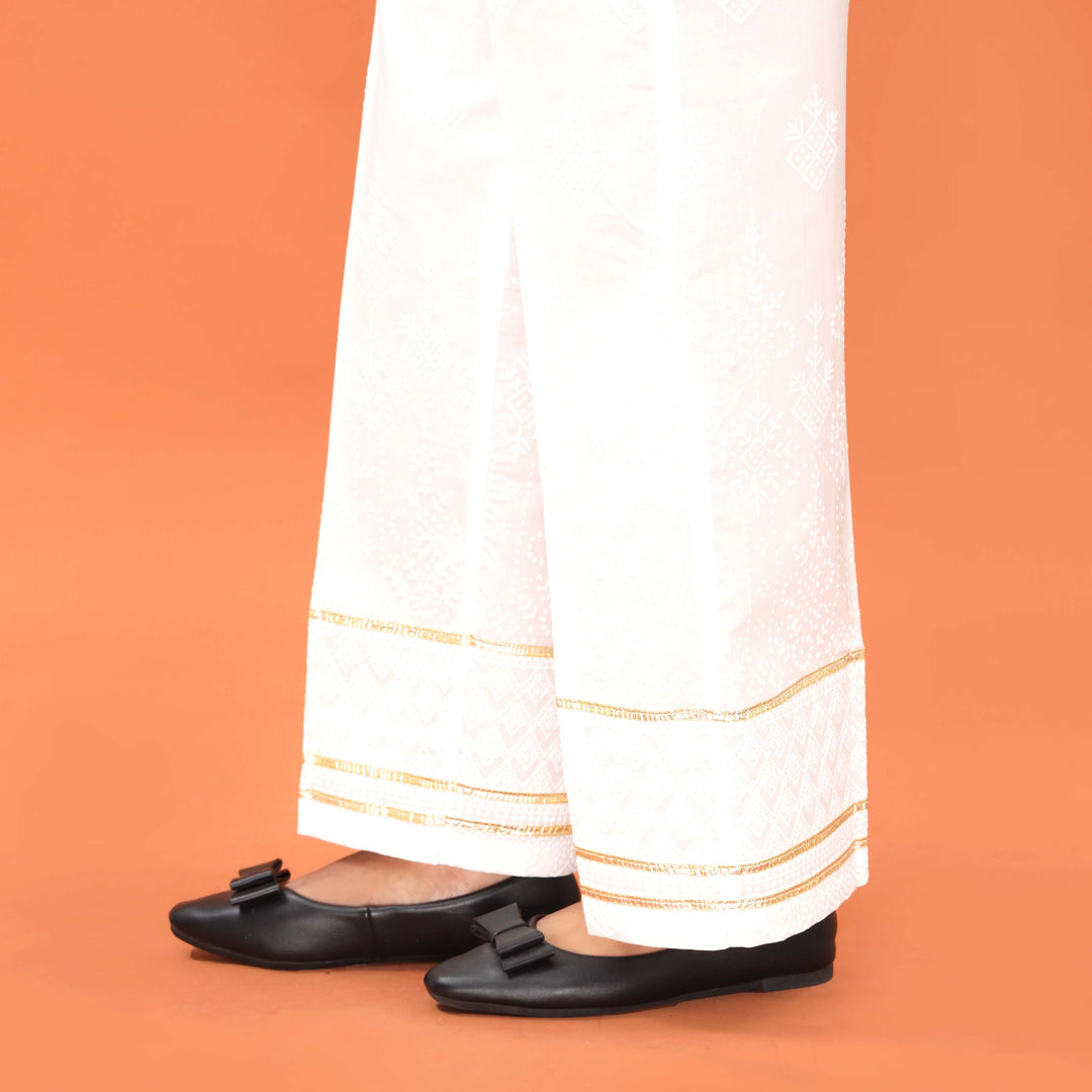 White Straight Fit Embroidered Trouser PL5015