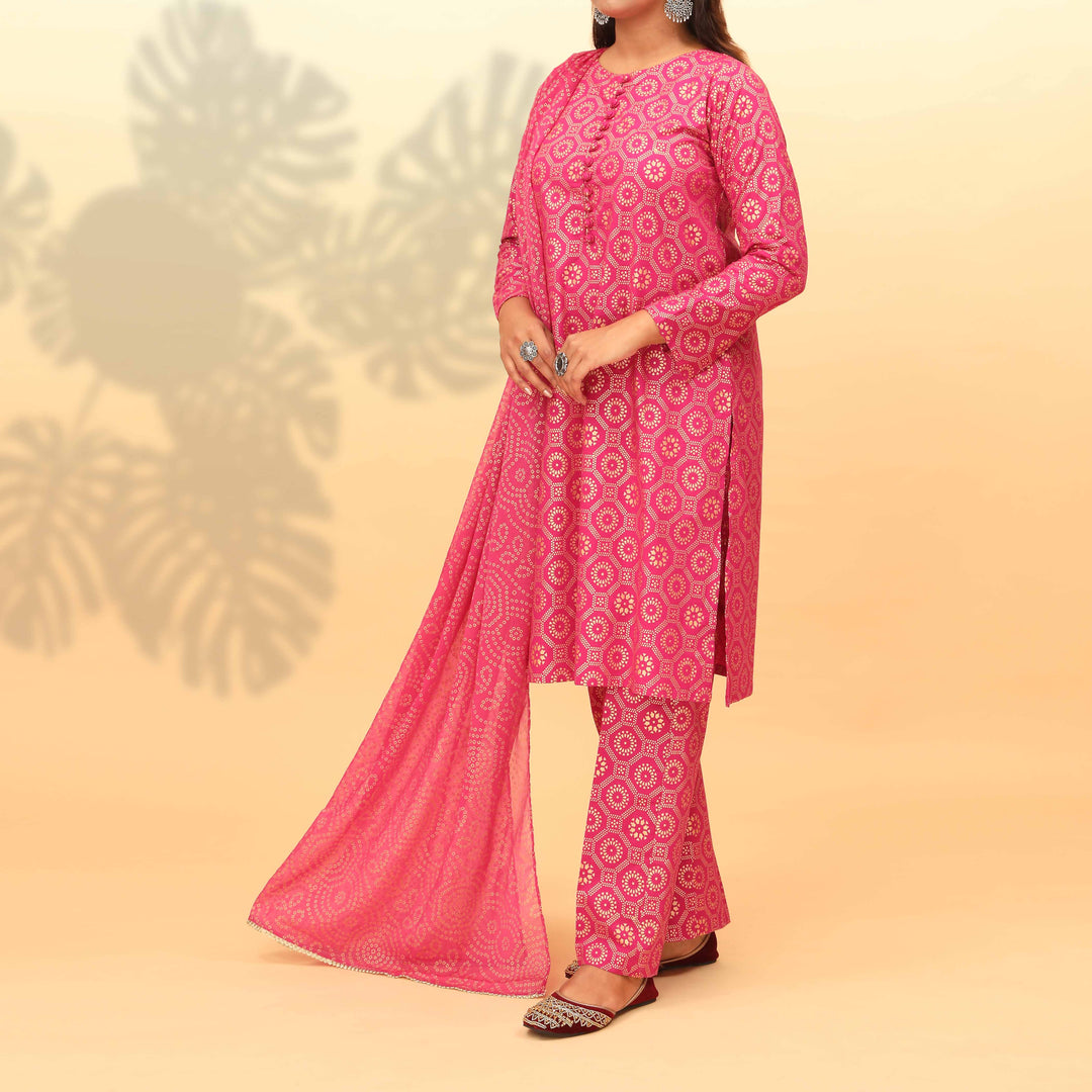 3PC- Embellished & Printed Cambric Suit PS4036