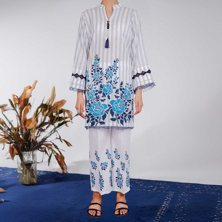 2PC- Embroidered & Puff Printed Jaquard Suit PS4384