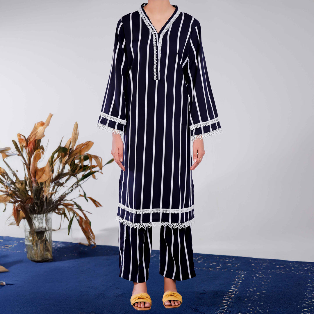 2PC- Solid Stripe Poly Cotton Suit PS4947