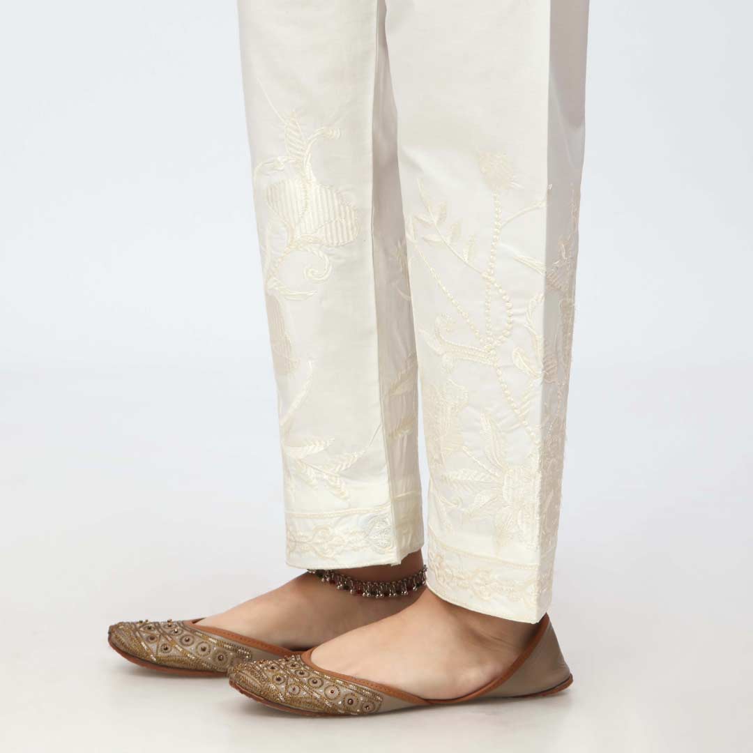 Cream Embroidered Cambric Slim Fit Trouser PW3672