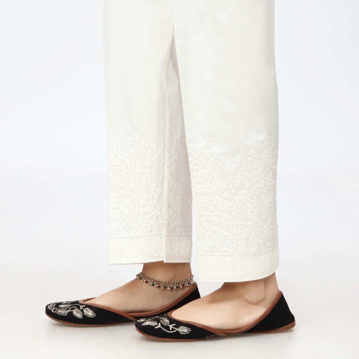 Cream Embroidered Cambric Slim Fit Trouser PW3674