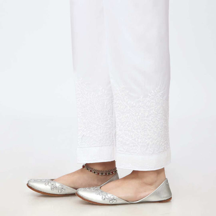 White Embroidered Cambric Slim Fit Trouser PW3674