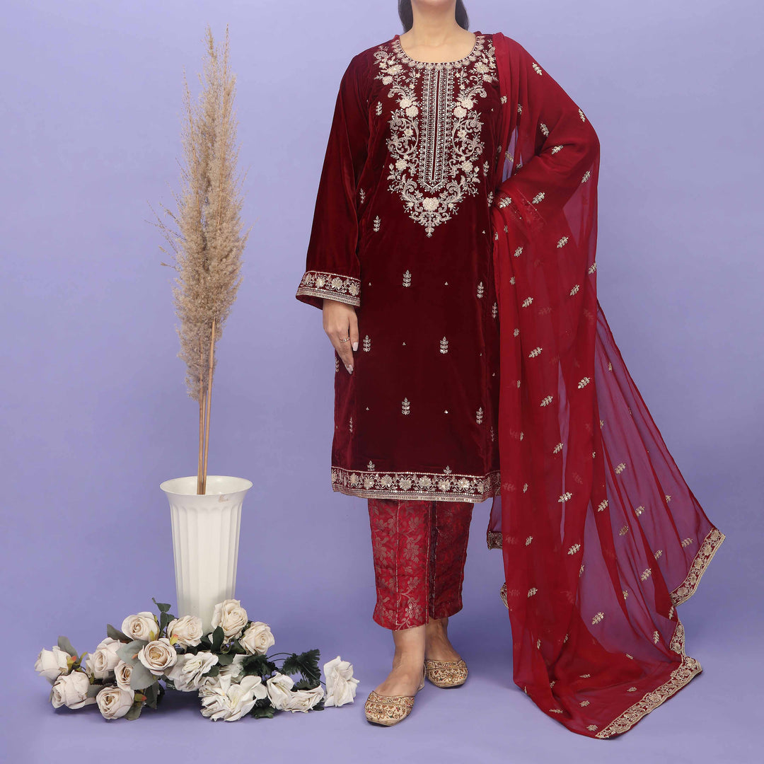 3PC- Embellsihed Velvet Suit PW4261