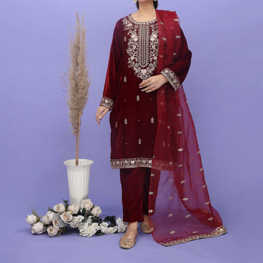 3PC- Embellsihed Velvet Suit PW4262