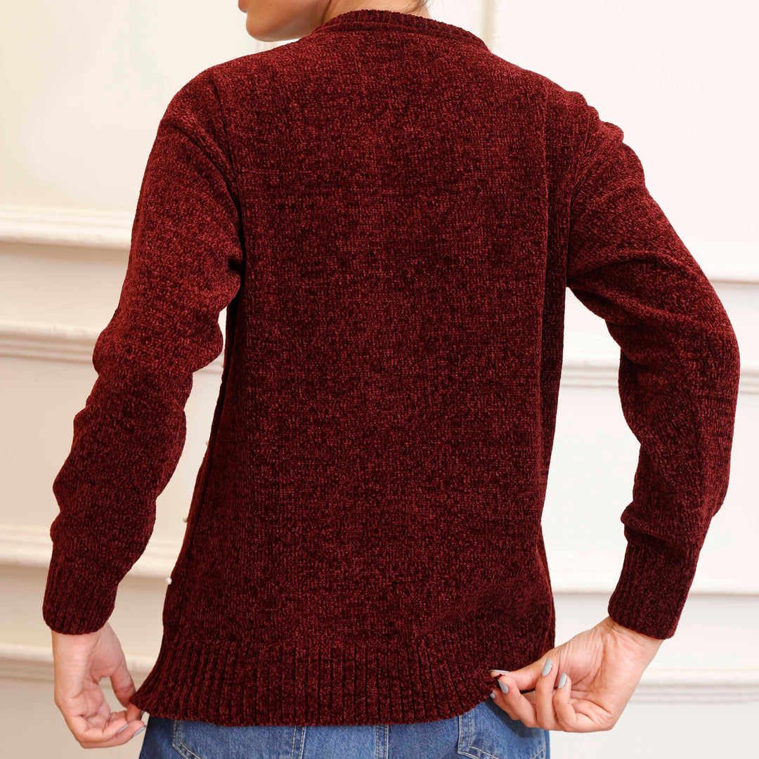 Maroon Velvet Thread Winter Sweater PW4825