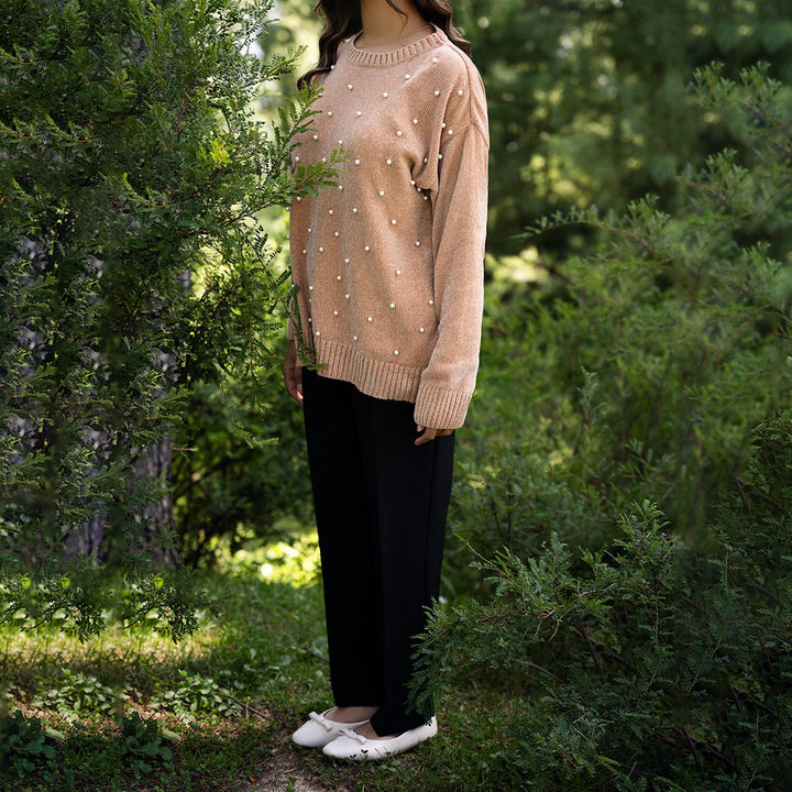 Beige Velvet Sweater with Beads on Front PW4829