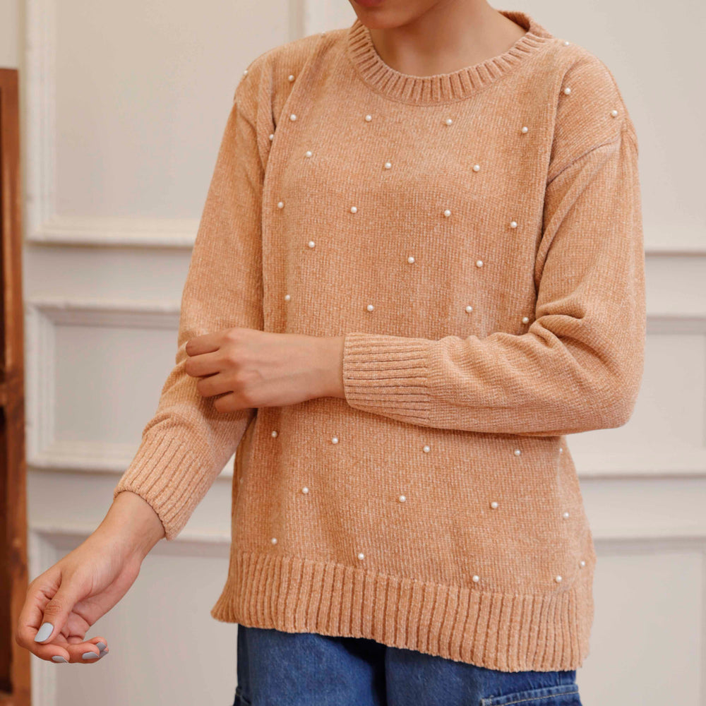 Beige Velvet Thread Winter Sweater PW4829