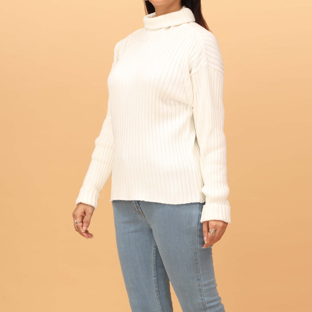 White Plain Cotton High Neck Sweater PW4838