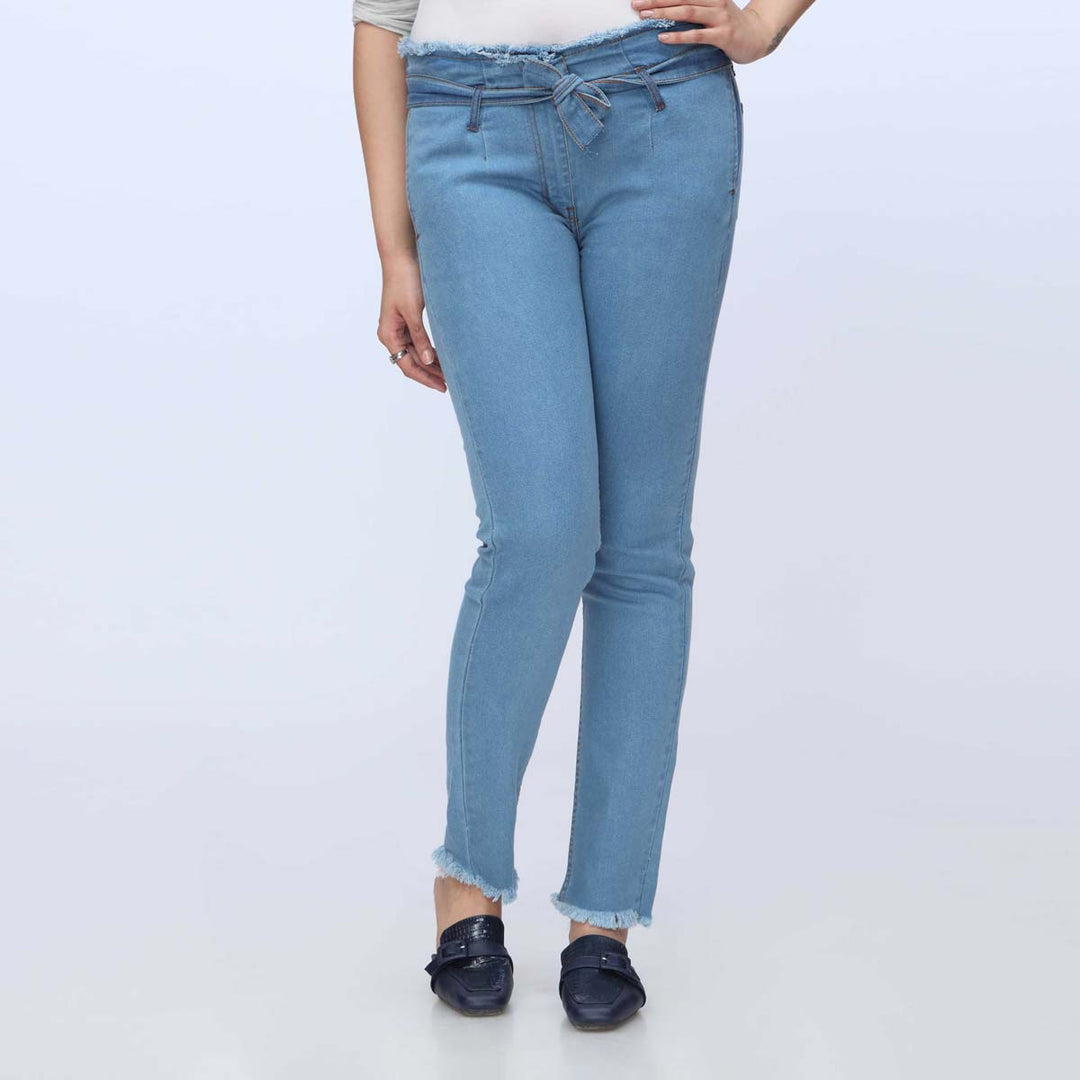 Sky Blue Belted Denim Pant PS1541