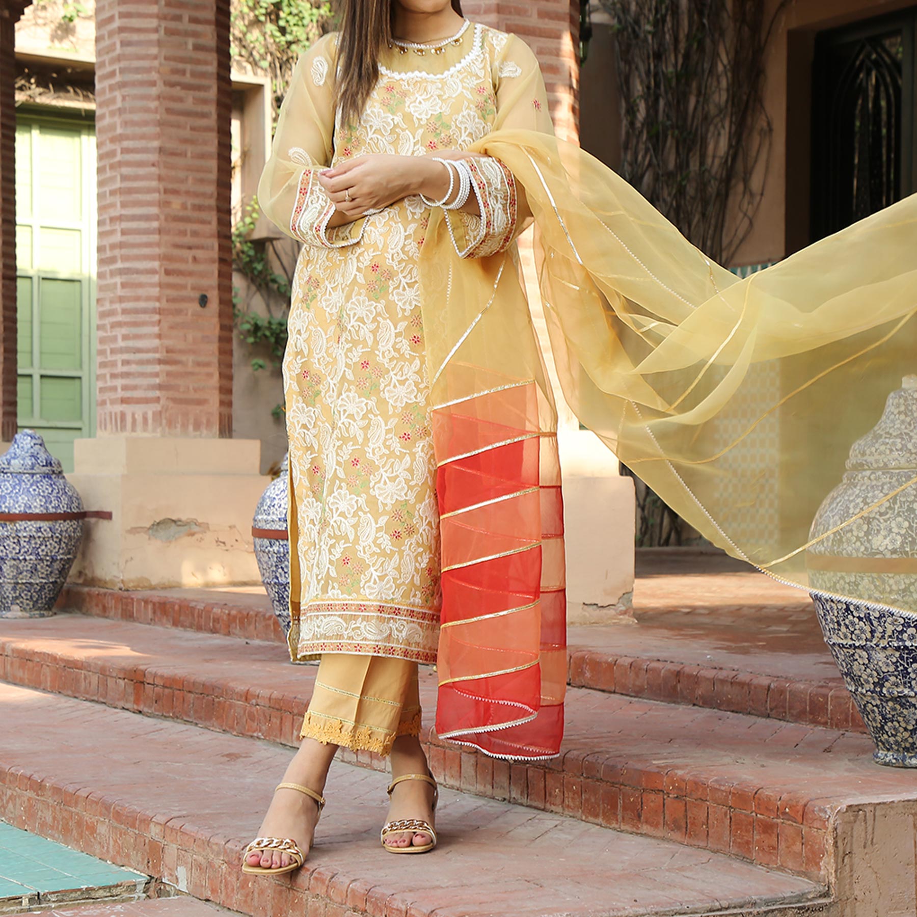 3PC- Embellished Orgazna Shirt & Dupatta with Raw Silk Trousers PS2185