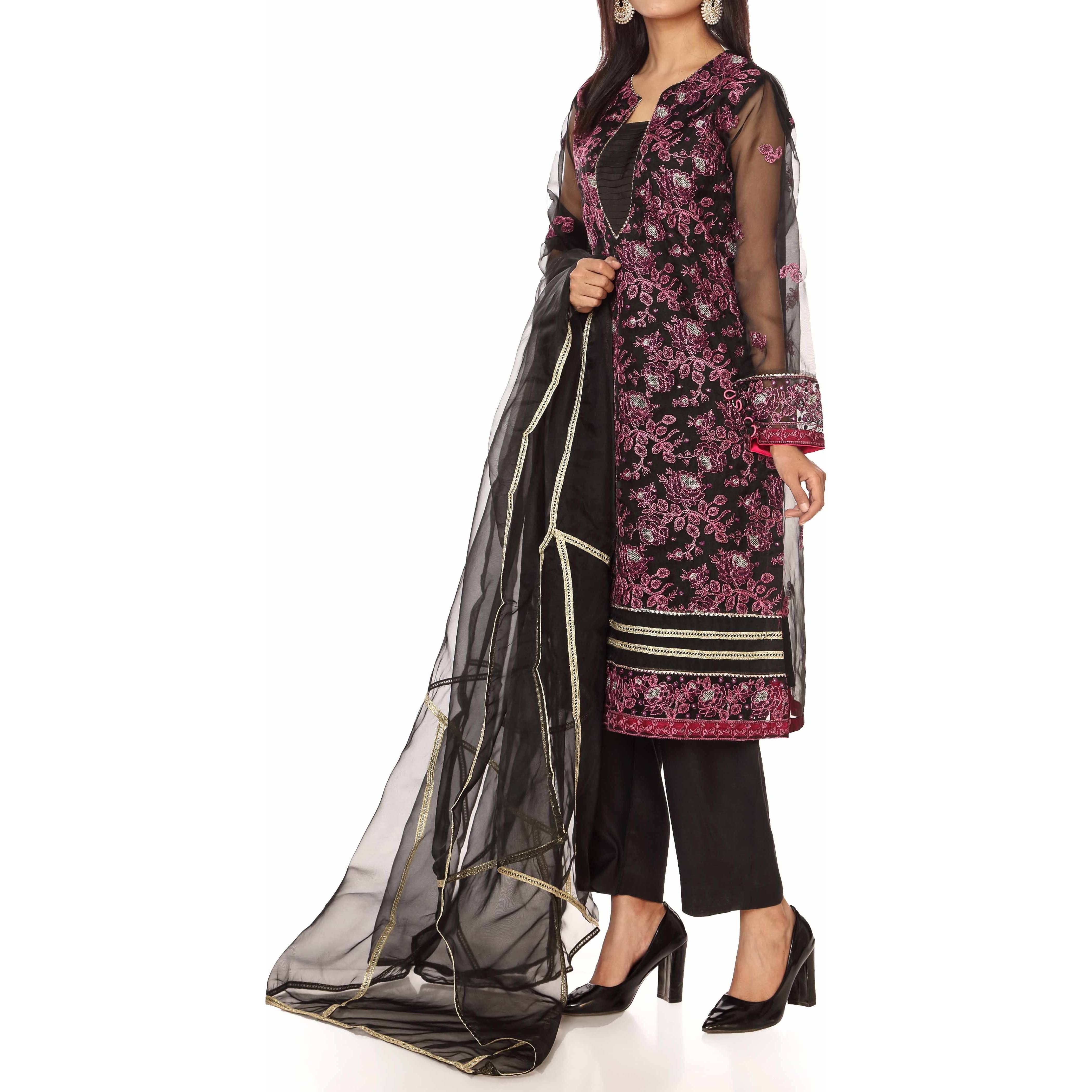 3PC- Embellished Organza Shirt & Dupatta With Raw SilkTrousers PS2187