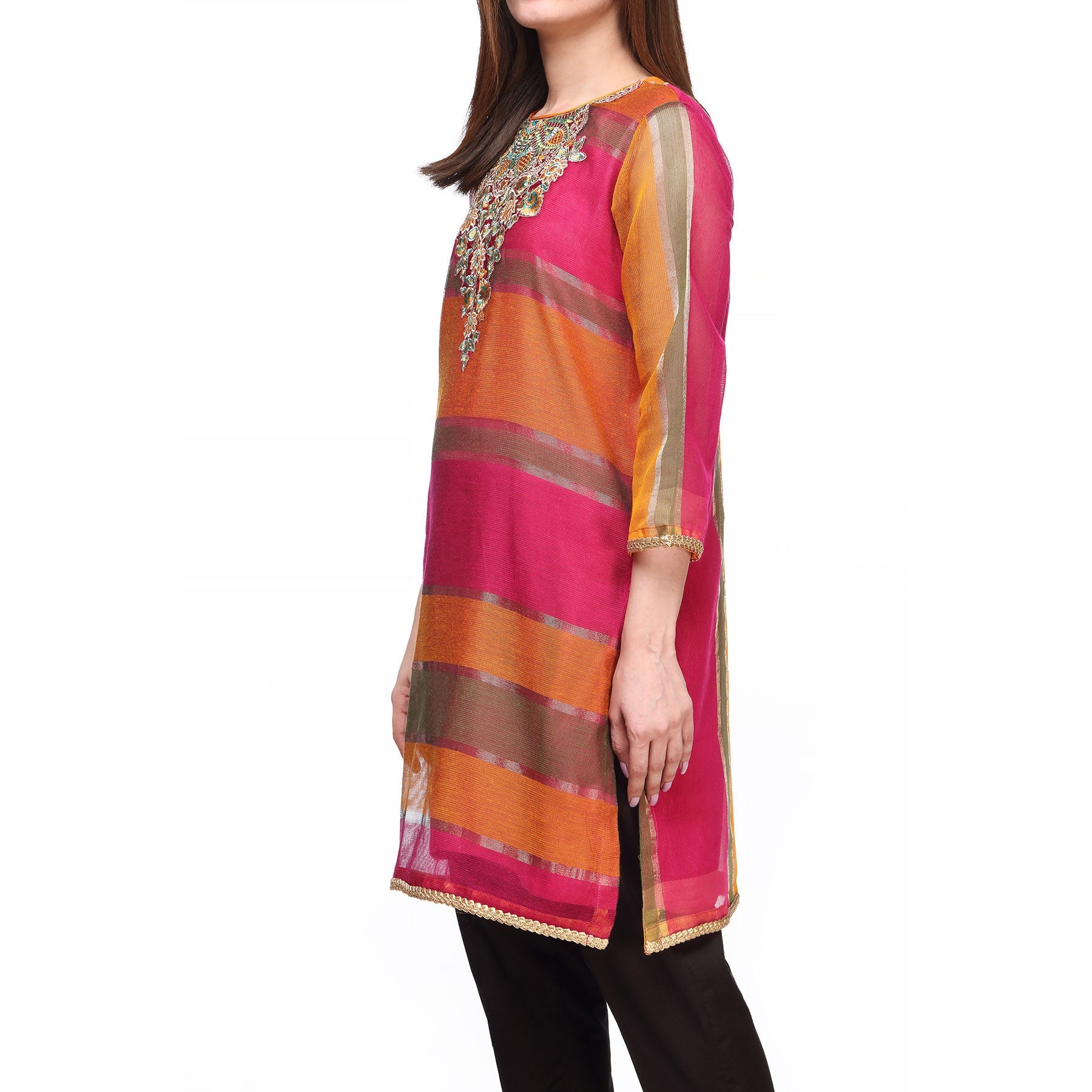 Pink Color Embellished Cotton Net Shirt PS225418