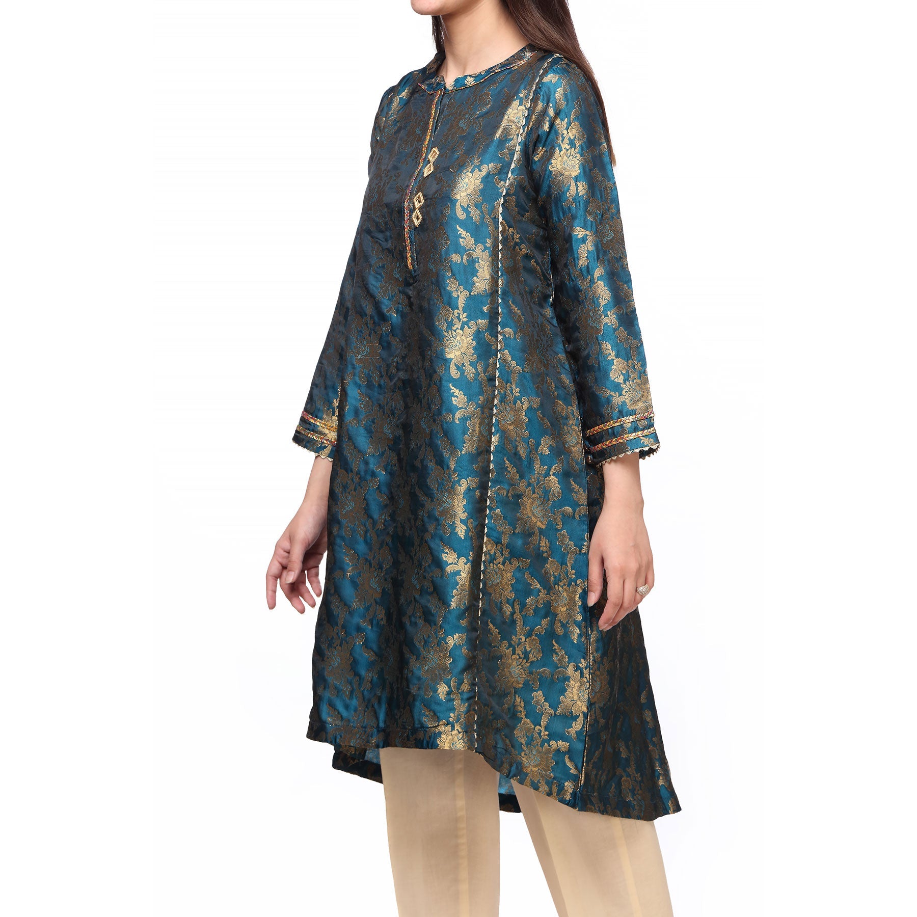 Blue Color Embellsihed Jamawar Shirt PS227112