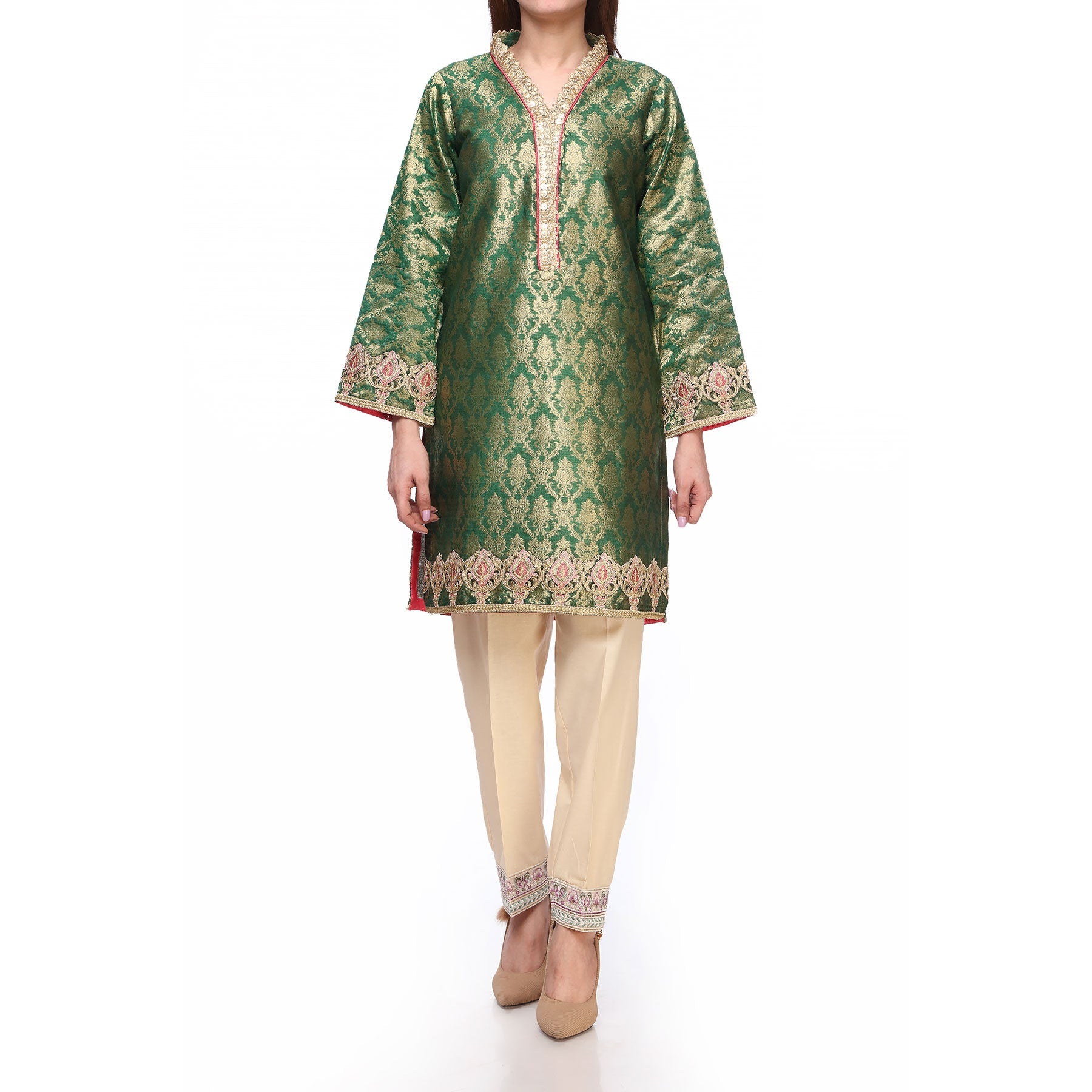 Green Color Embellished Jamawar Shirt PS228911