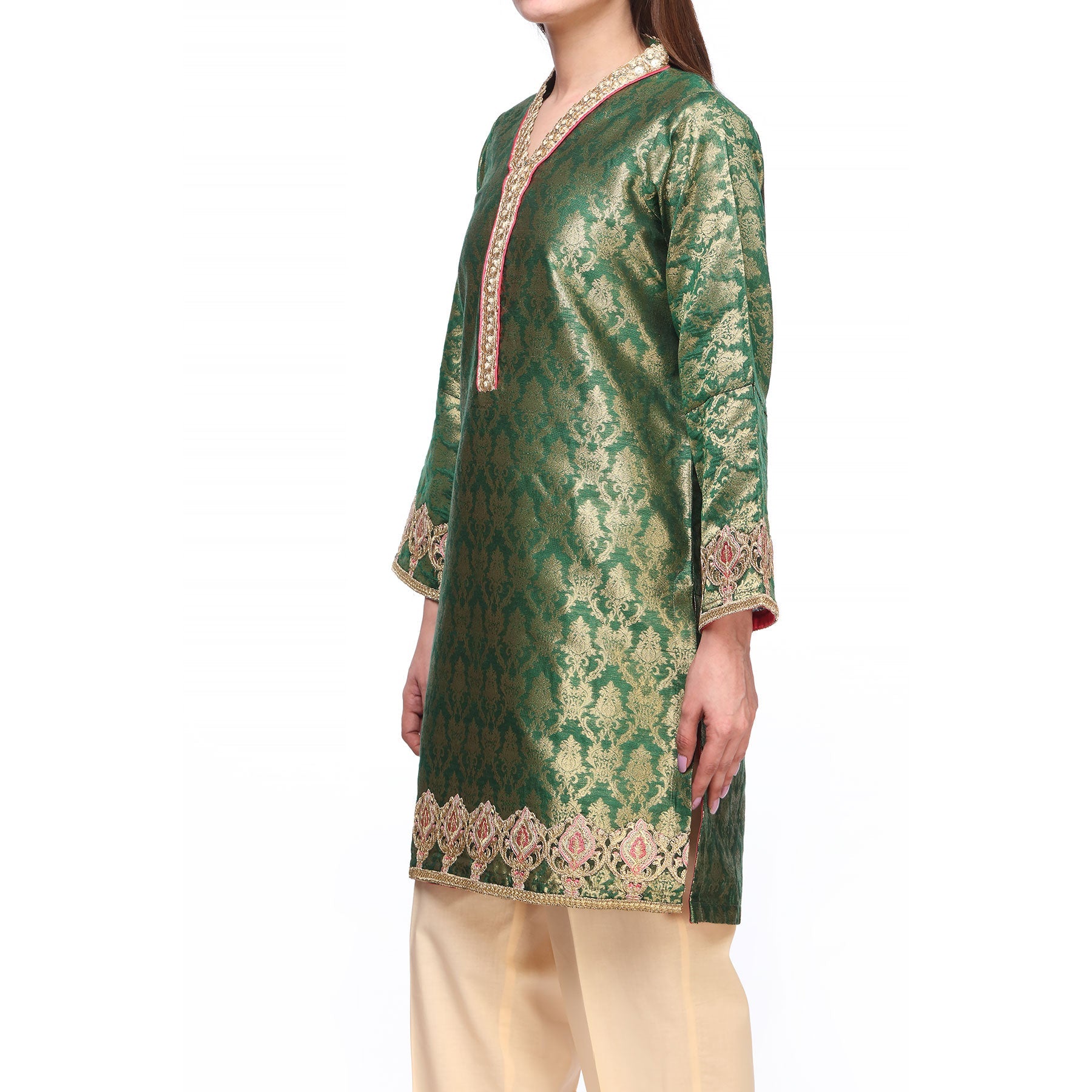 Green Color Embellished Jamawar Shirt PS228911