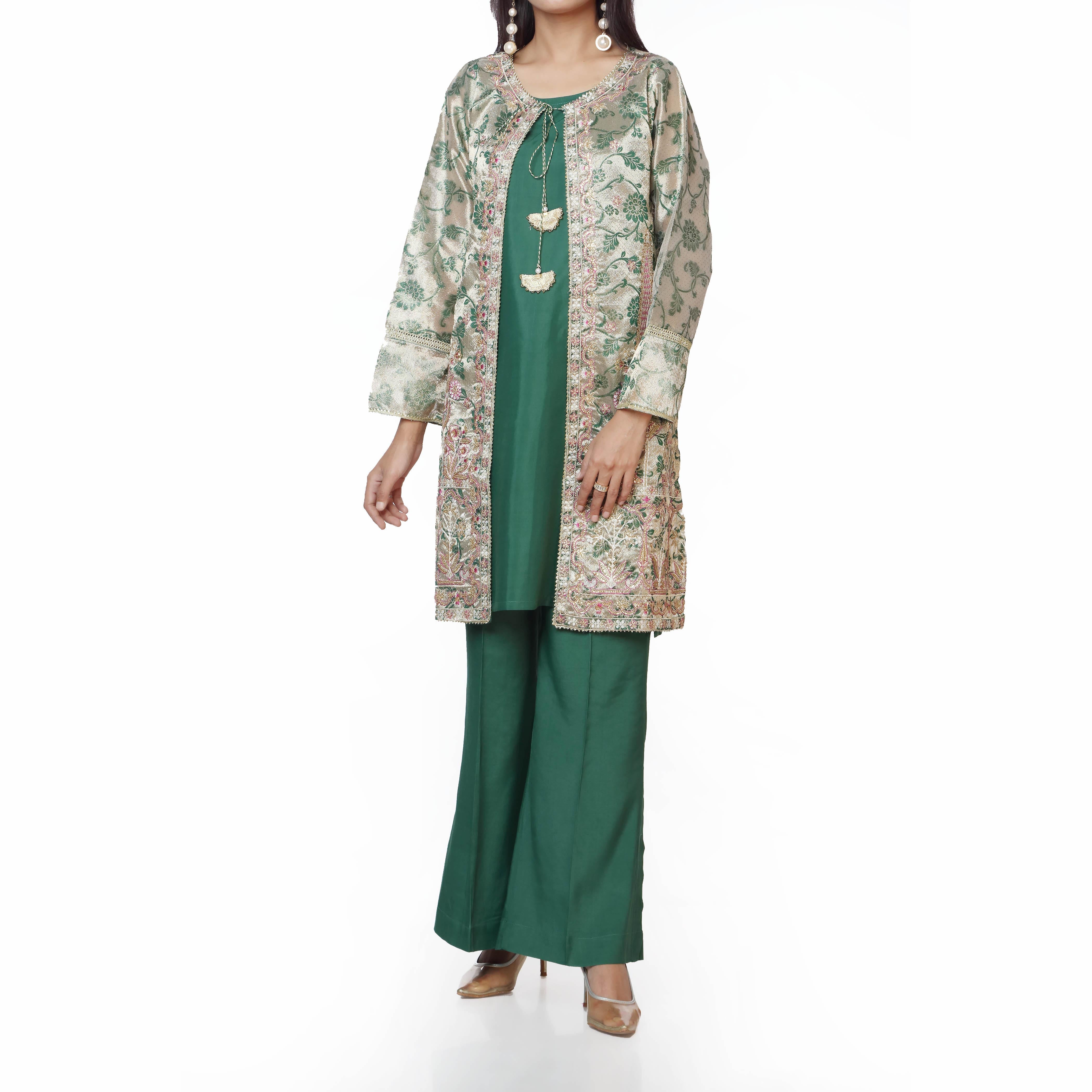 3PC-Embellished Jamawar Shirt with Raw silk Camisole & Trouser PS2301