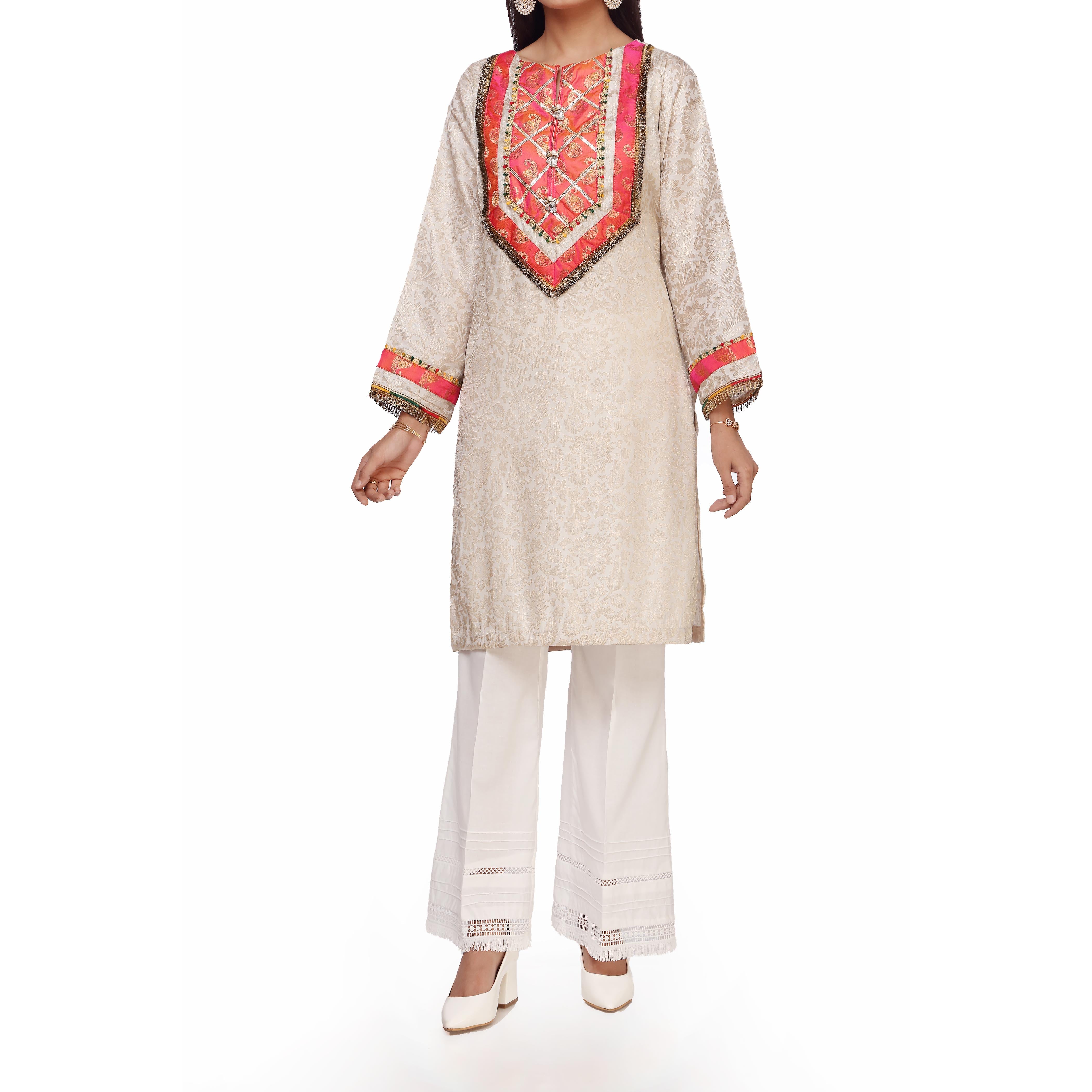 Cream Embellished Jamawar shirt  PS2303