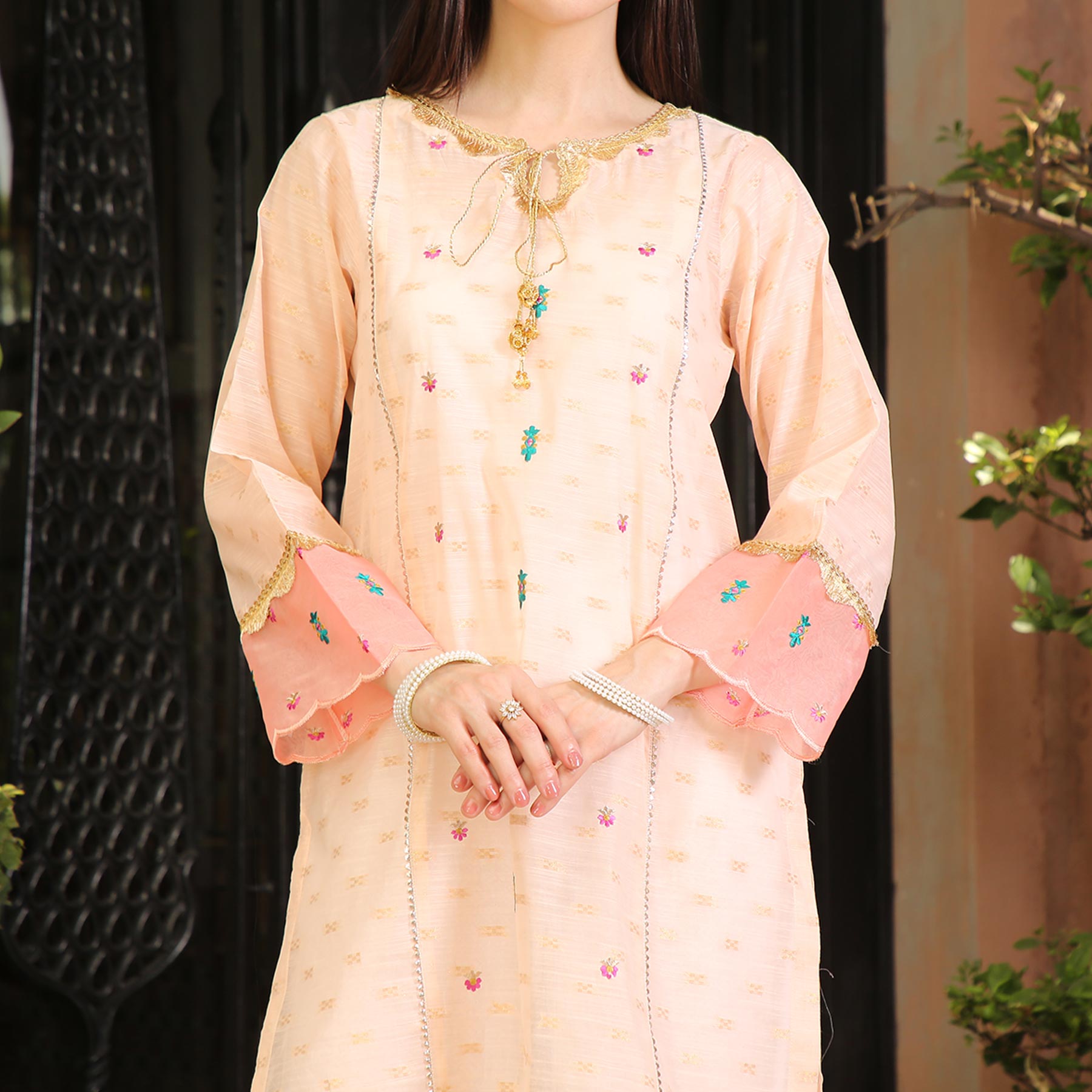 Peach Embellished Paper Cotton Shirt PS2305