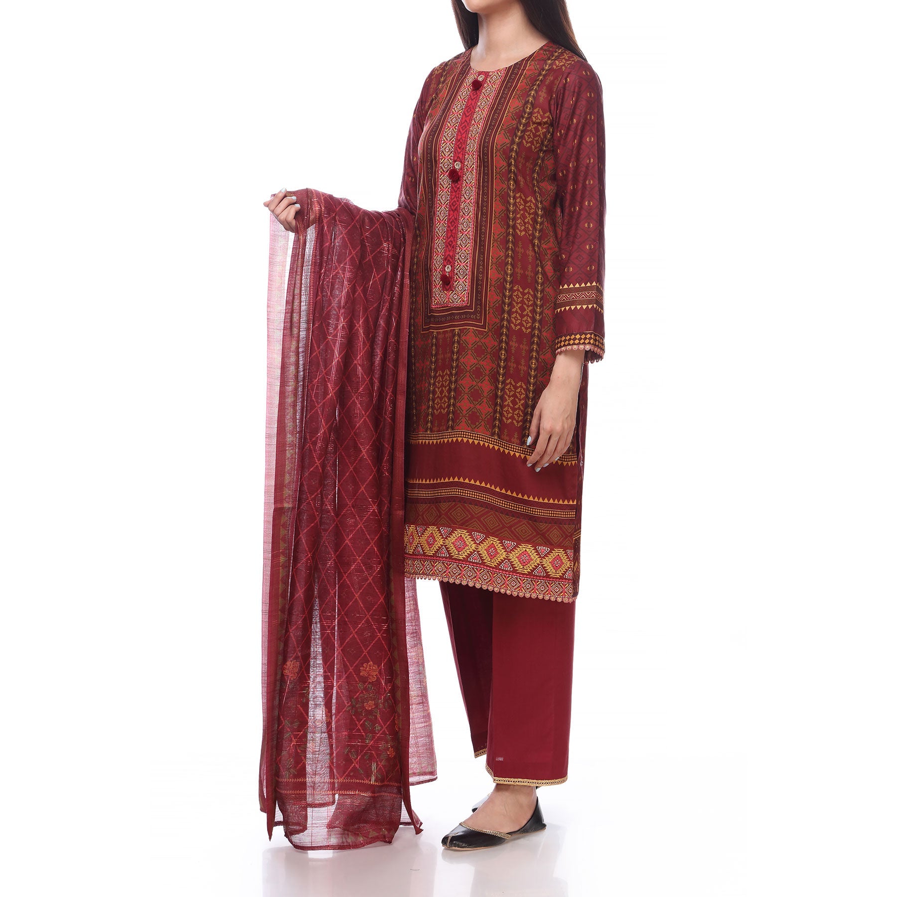 Digital Printed Lawn Shirt With Embroiderd Lace on Neck and Bottom
Digtal Printed Tila Border Dupatta
Plain Dyed Cambric Trousers