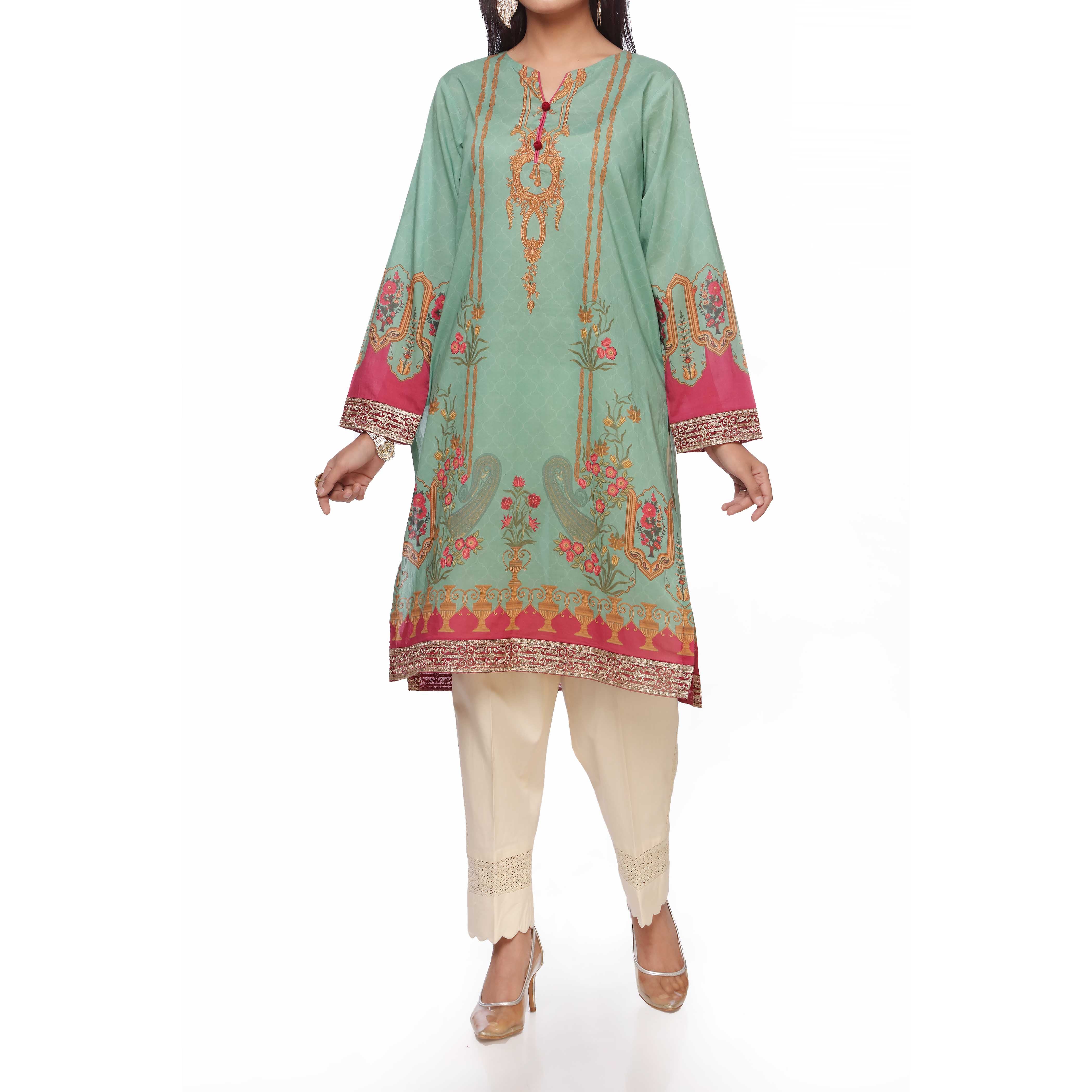 Green Unstitched Digital Printed Lawn Embroidered Shirt PS2474