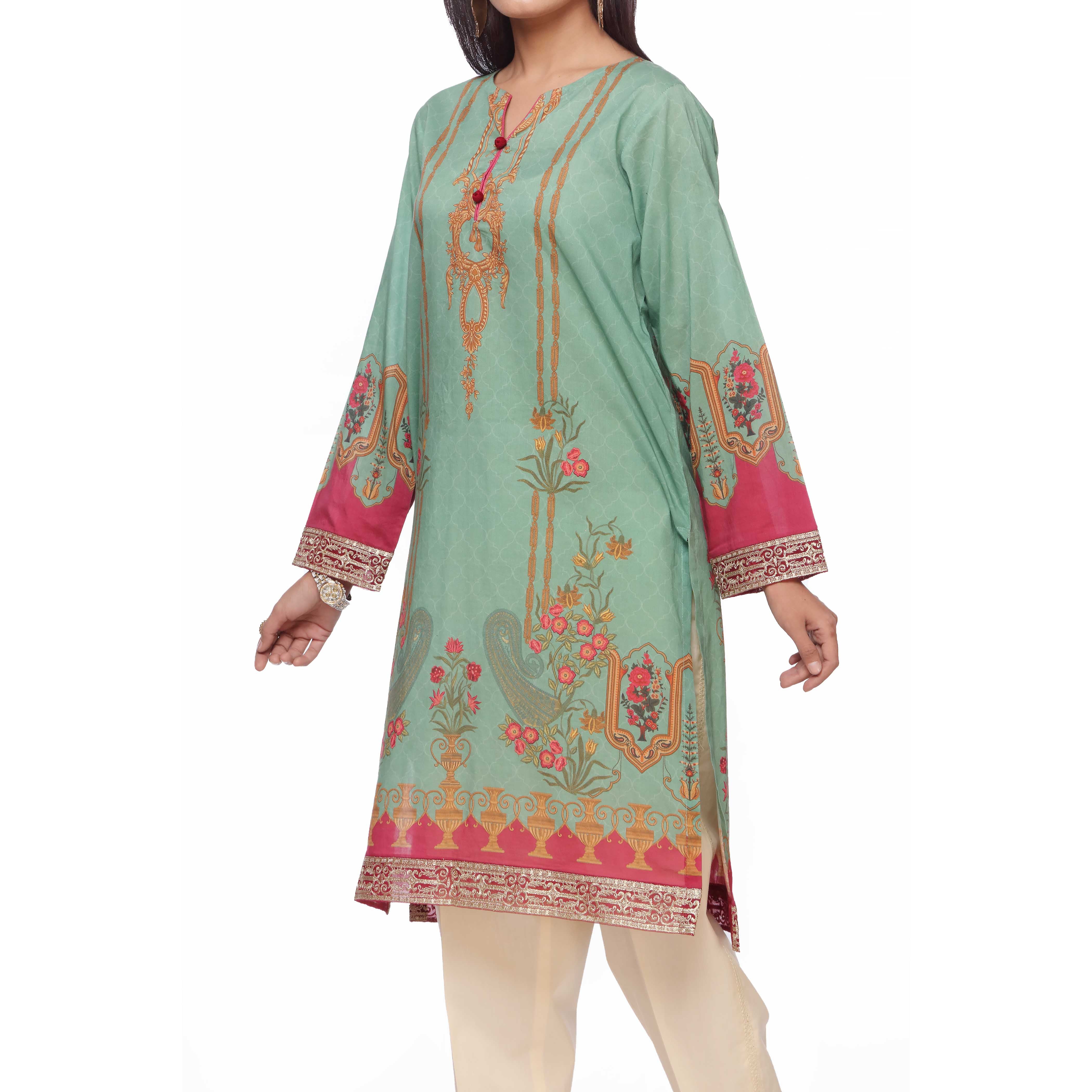 Green Unstitched Digital Printed Lawn Embroidered Shirt PS2474