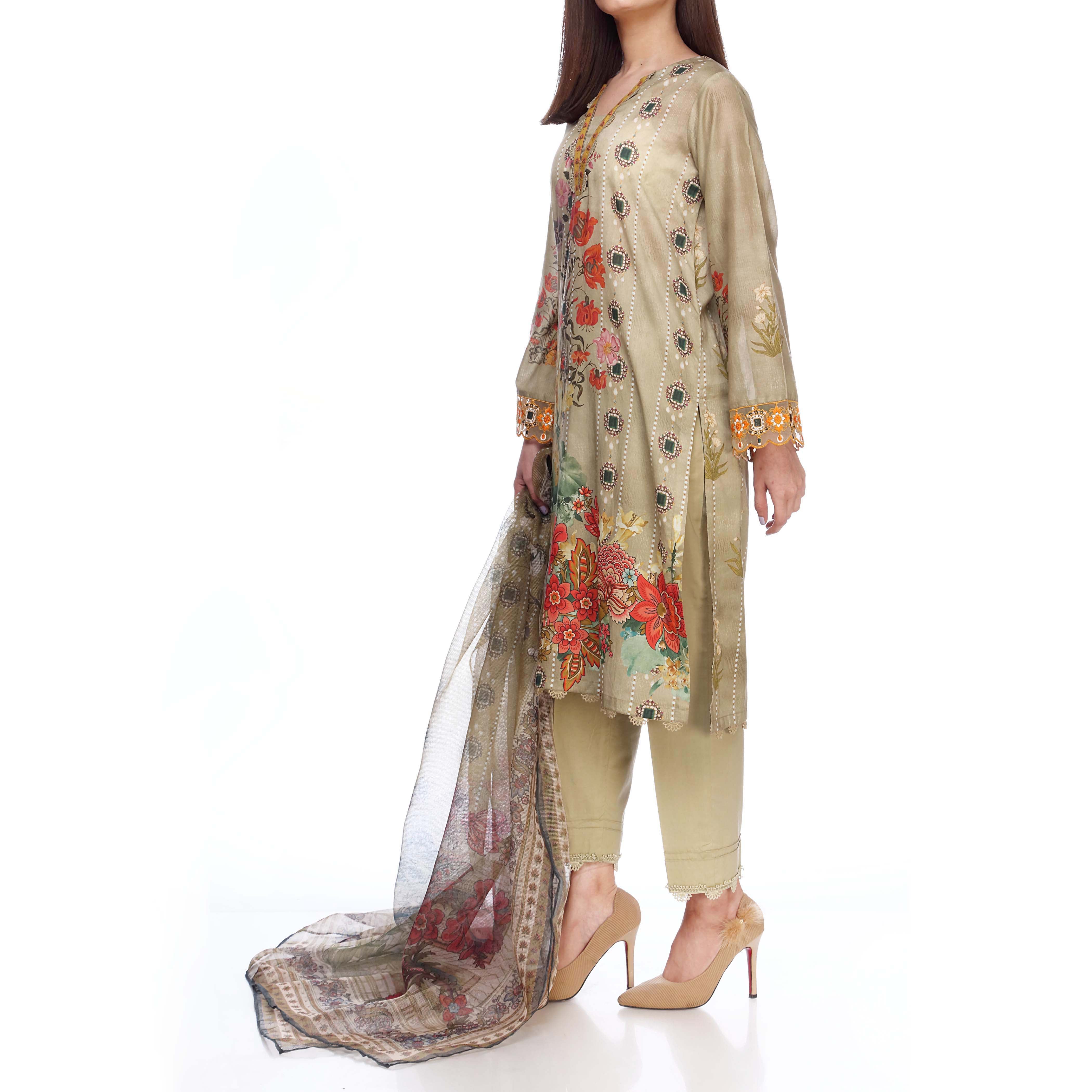 Digital Printed Lawn Shirt With Embroidered Sleeves
Digital Printed Net Dupatta
Plain Dyed Cambric Trousers
