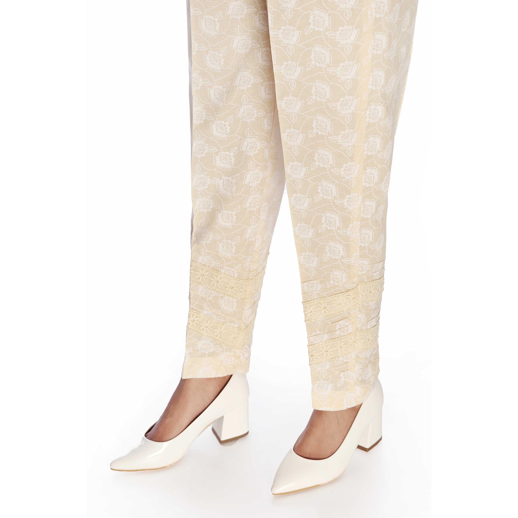 White on White Puff Print Slim Fit Trousers