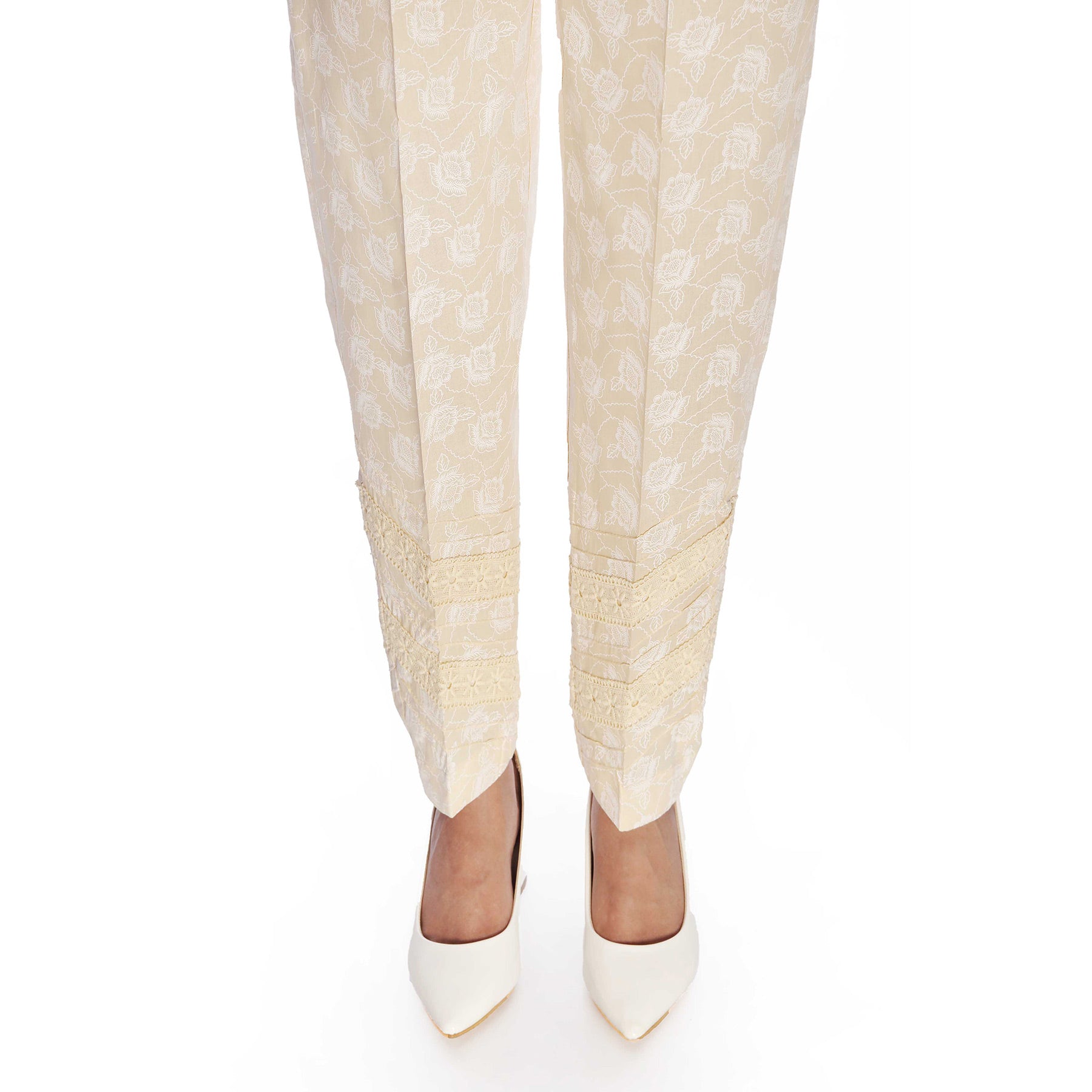 White on White Puff Print Slim Fit Trousers