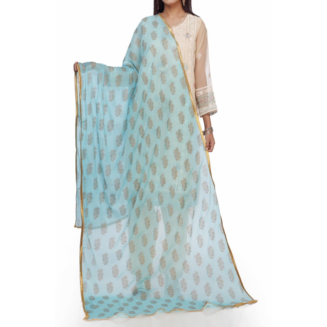 Sky Blue Screen Printed Chiffon Dupatta PS2703