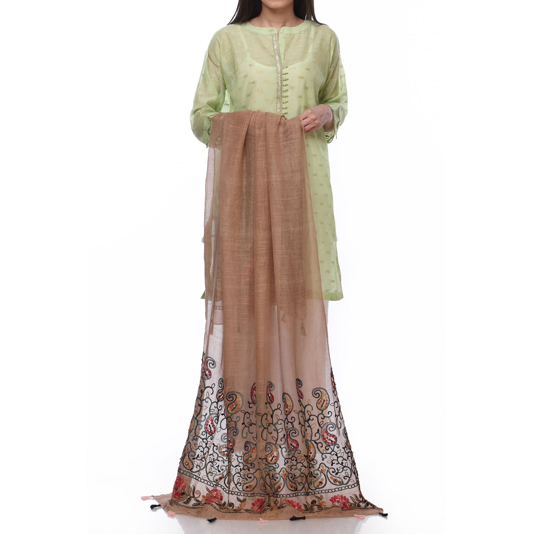 Khaki Color Embellished Dyed Lawn Stole PS2713