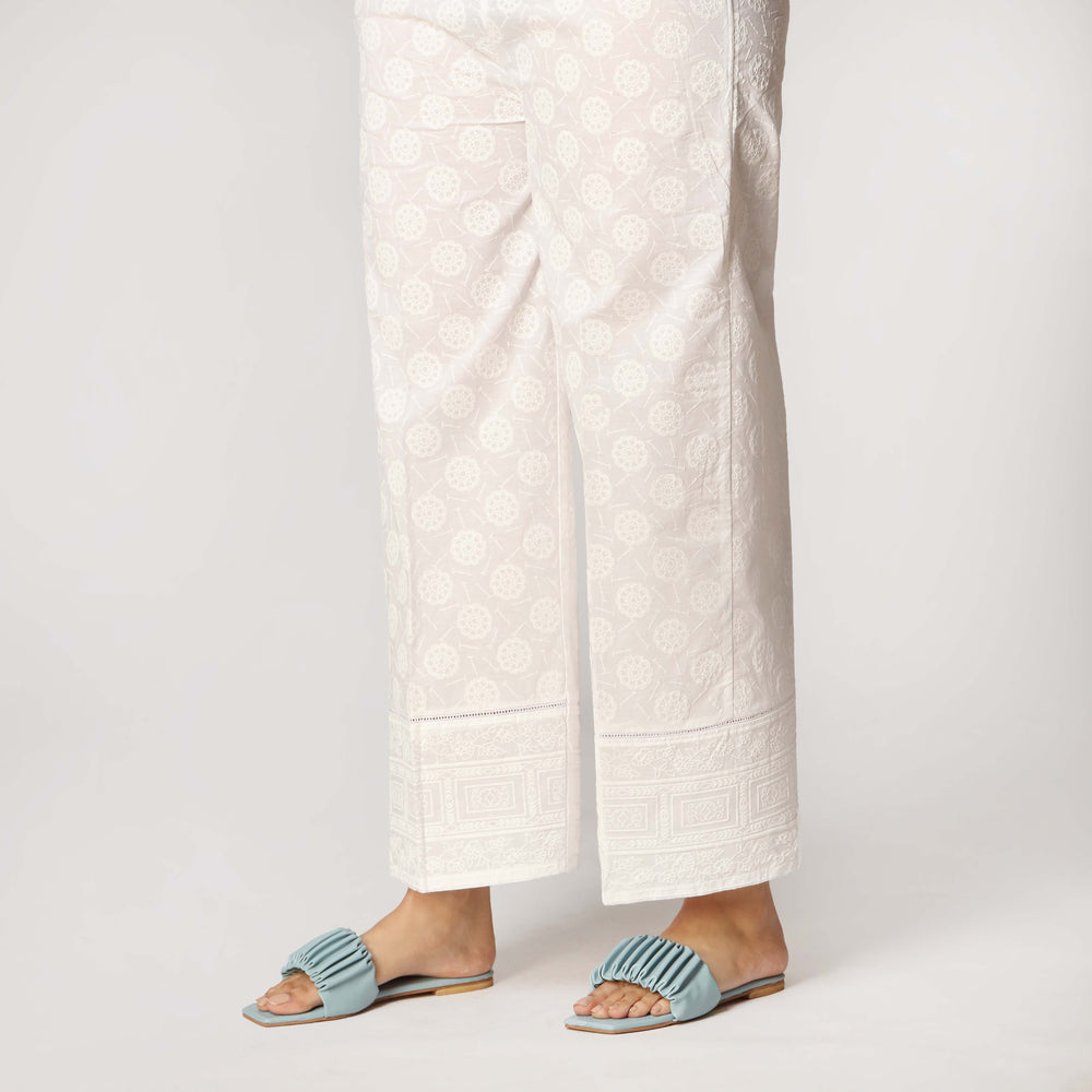 White Cambric Puff Printed Straight Trouser PS3539