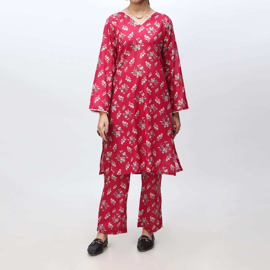 Red 2PC- Printed Cambric Suit PS4211