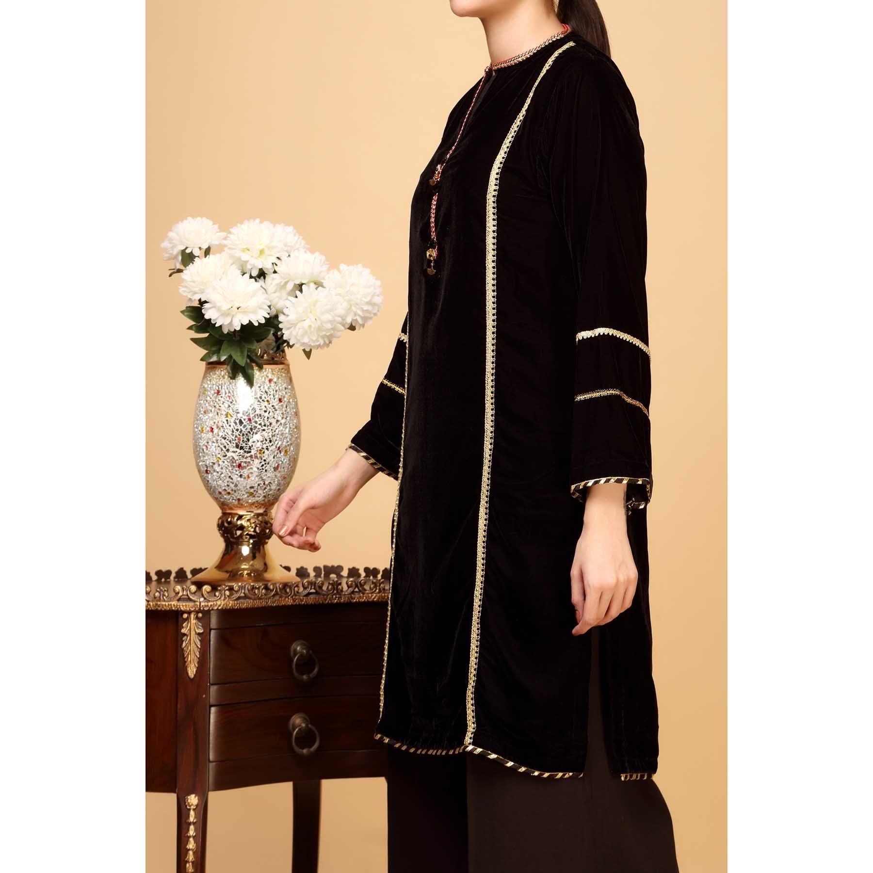 Black Color Velvet Embellished Shirt PW1050