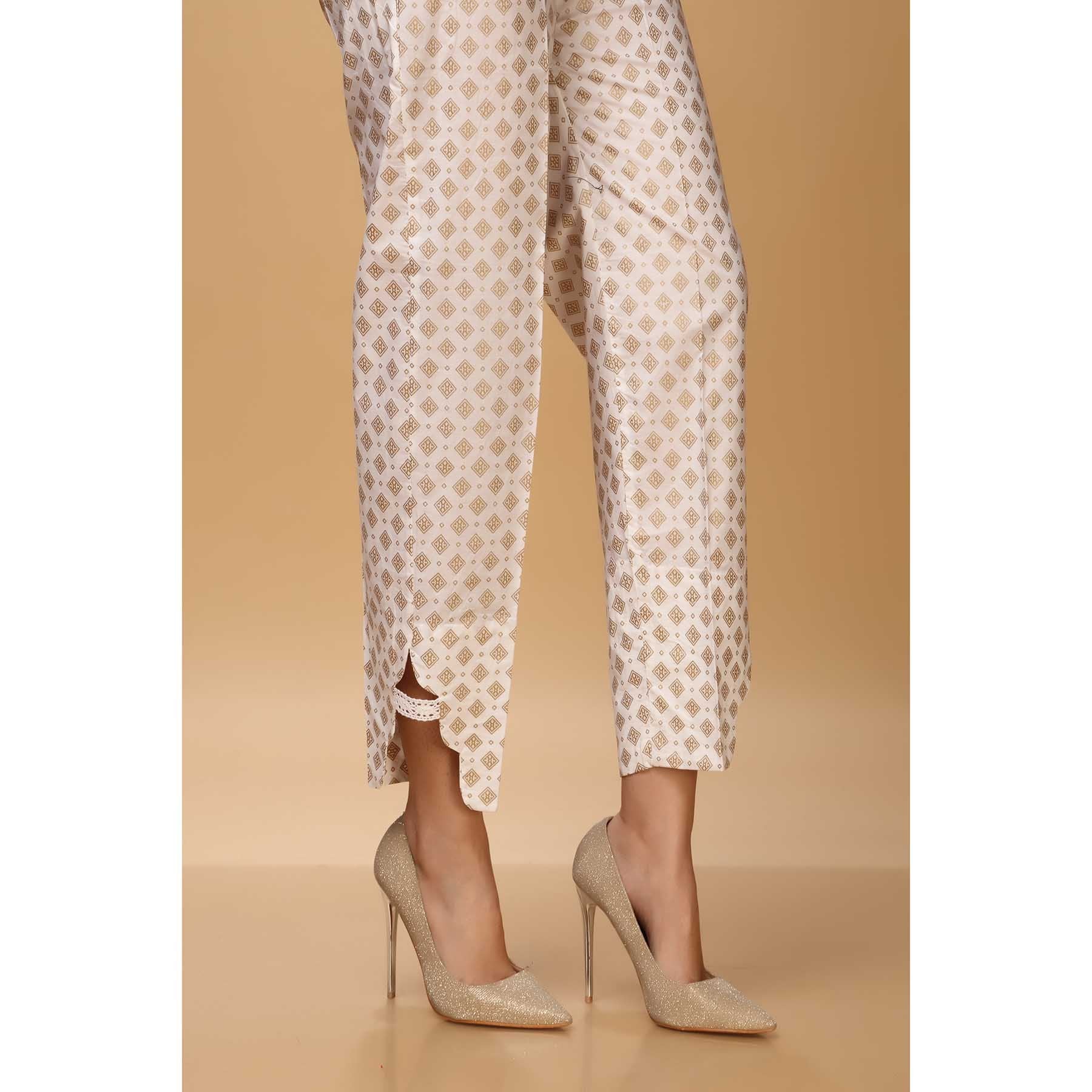 White Color Cotton Cambric Embellished Trouser PW1515