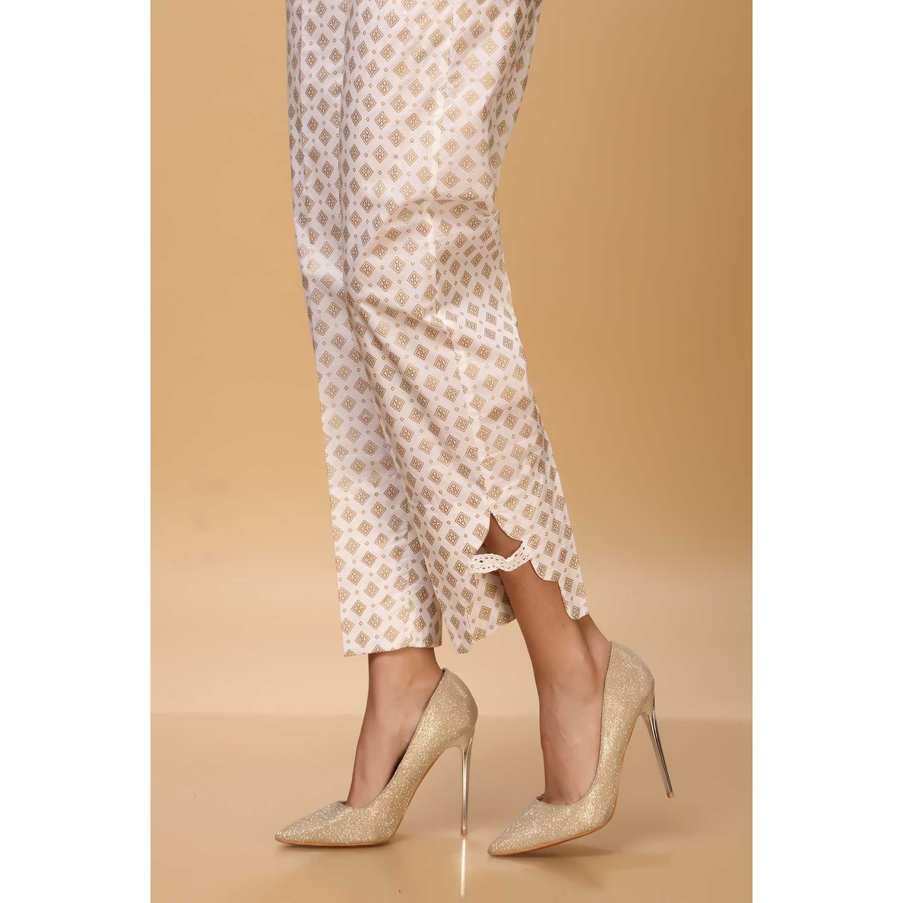 White Color Cotton Cambric Embellished Trouser PW1515