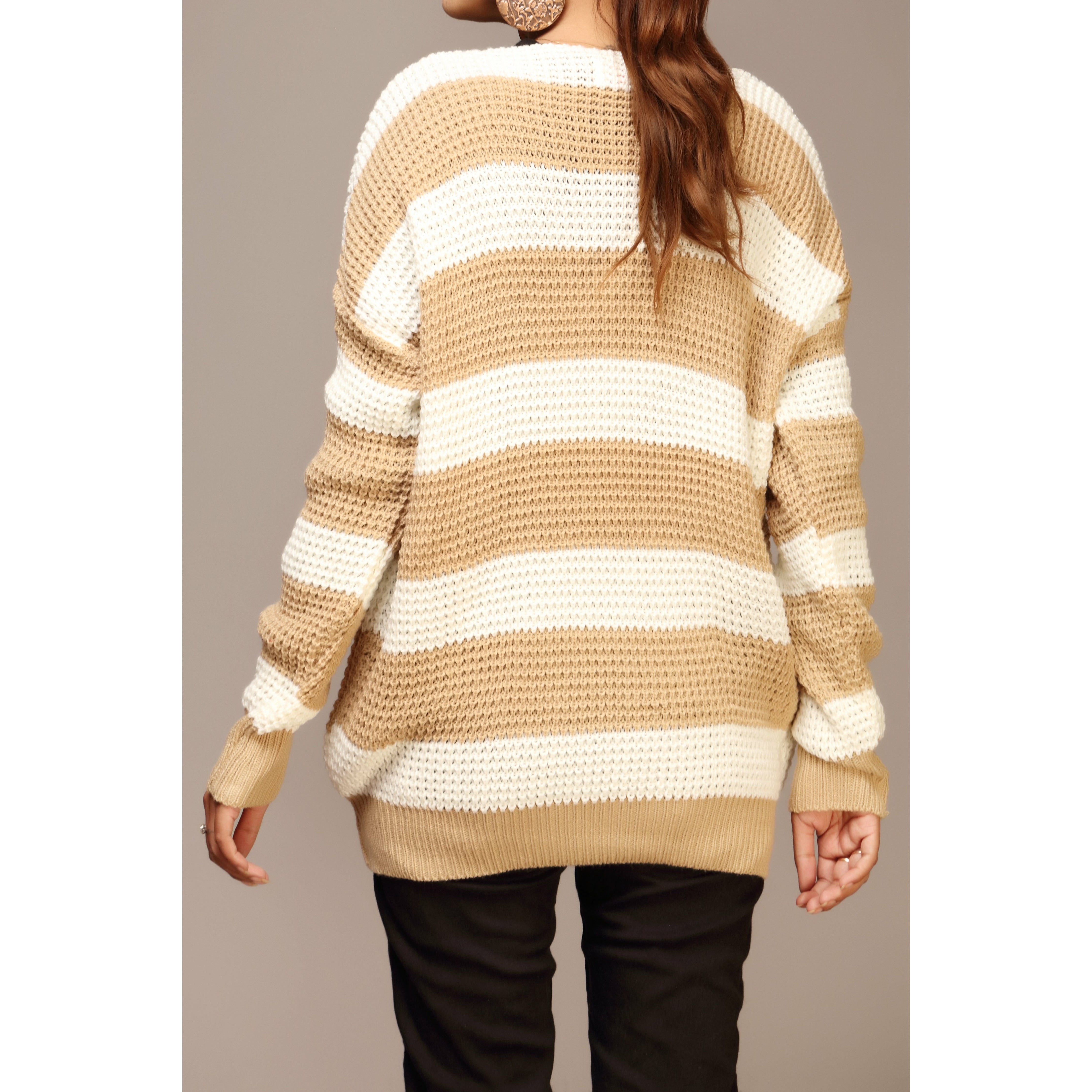 Beige Color V-Neck Pullover Sweater PW1910