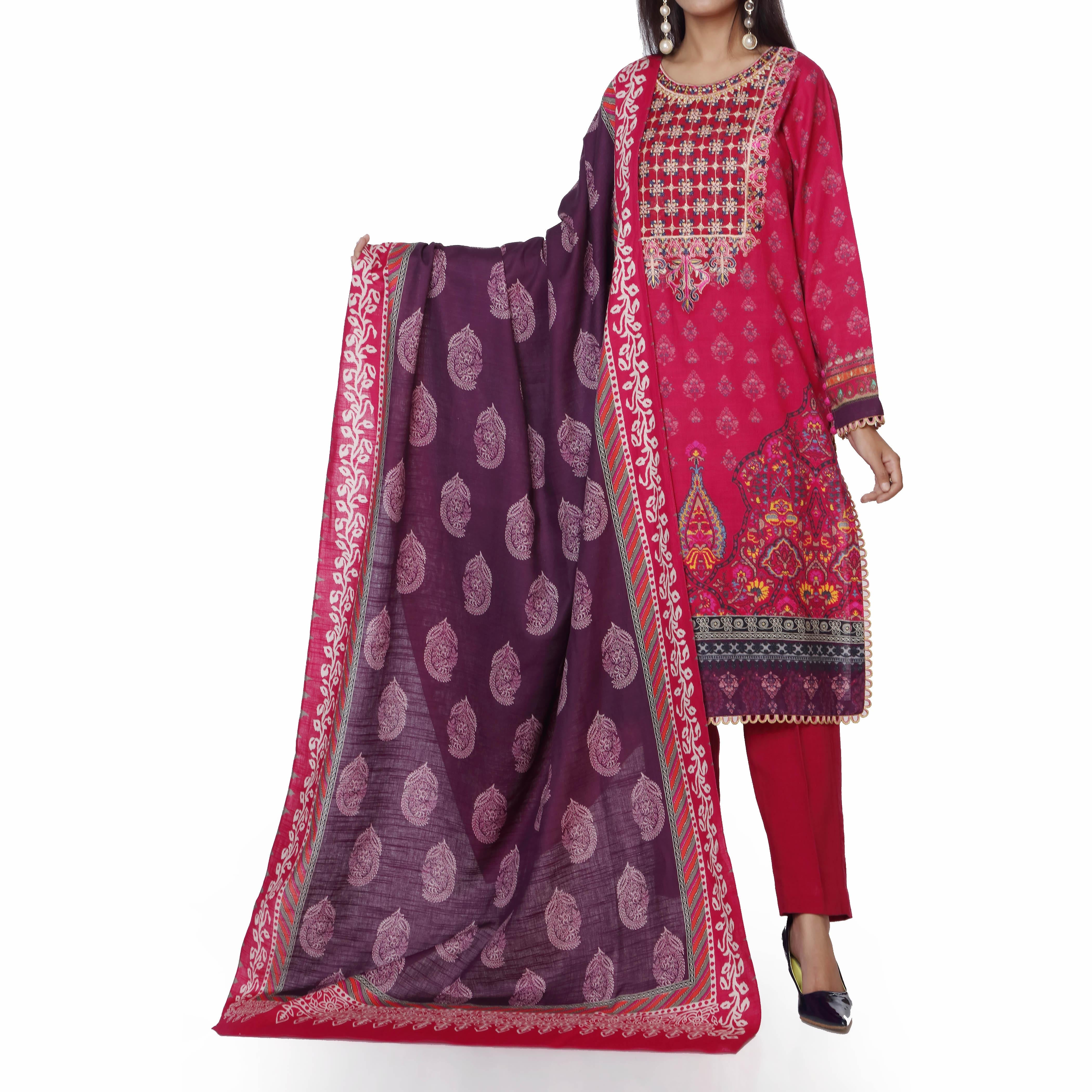 3PC- Digital Printed Khaddar Embroidered Suit  PW2400